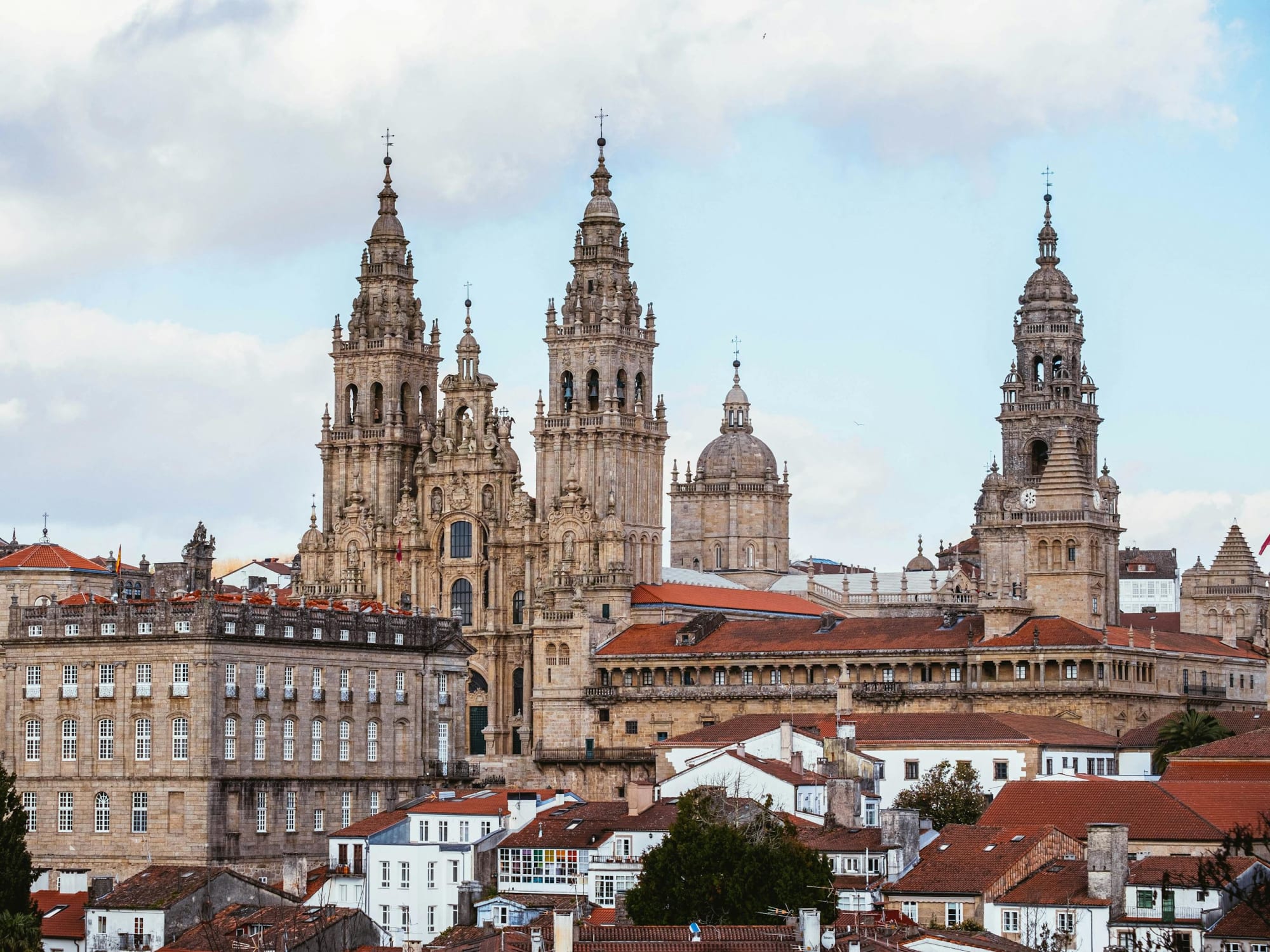 View from afar of Cathedral of Santiago de Compostela in Galicia.