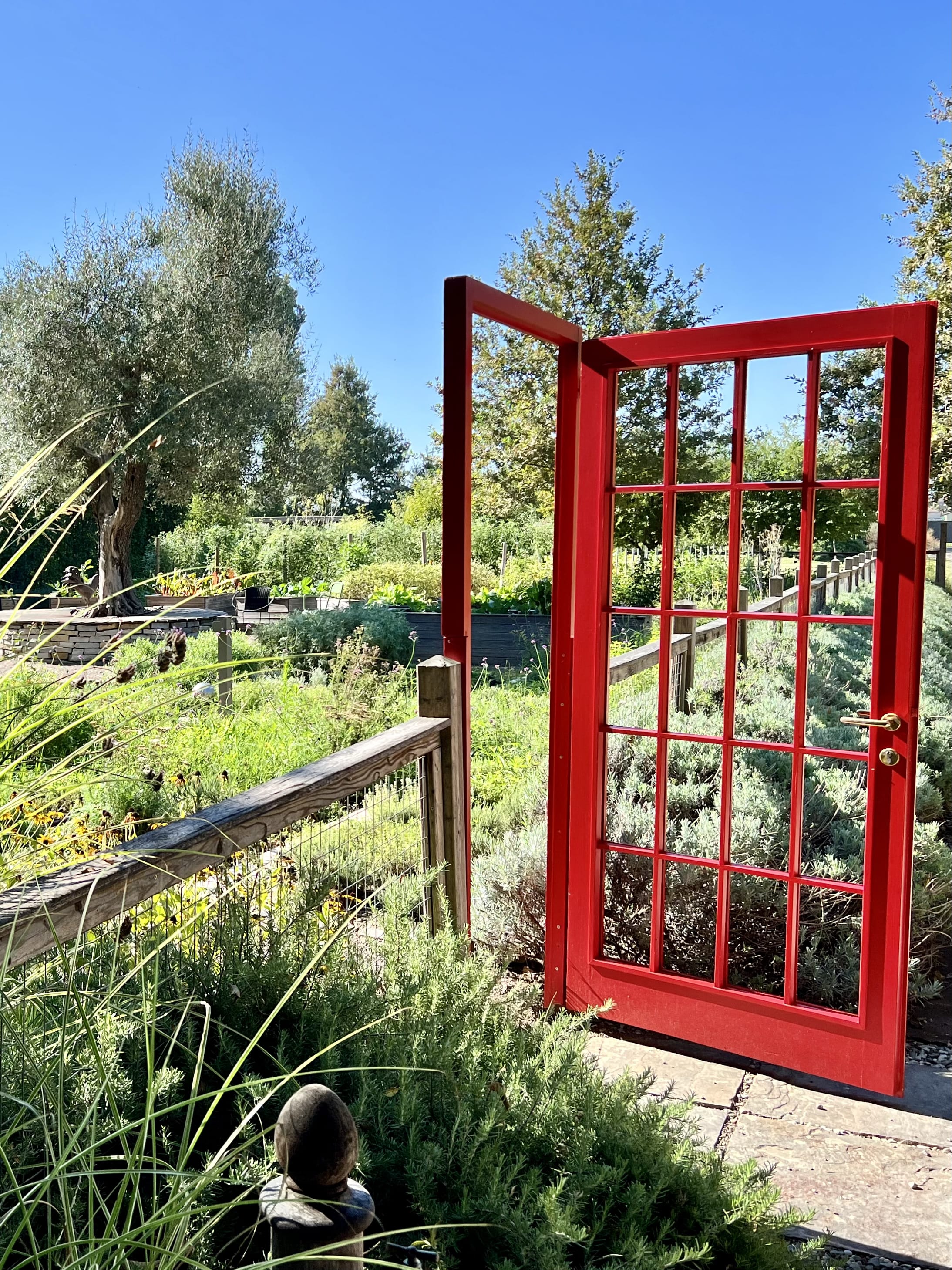 View of a red French door by the fence