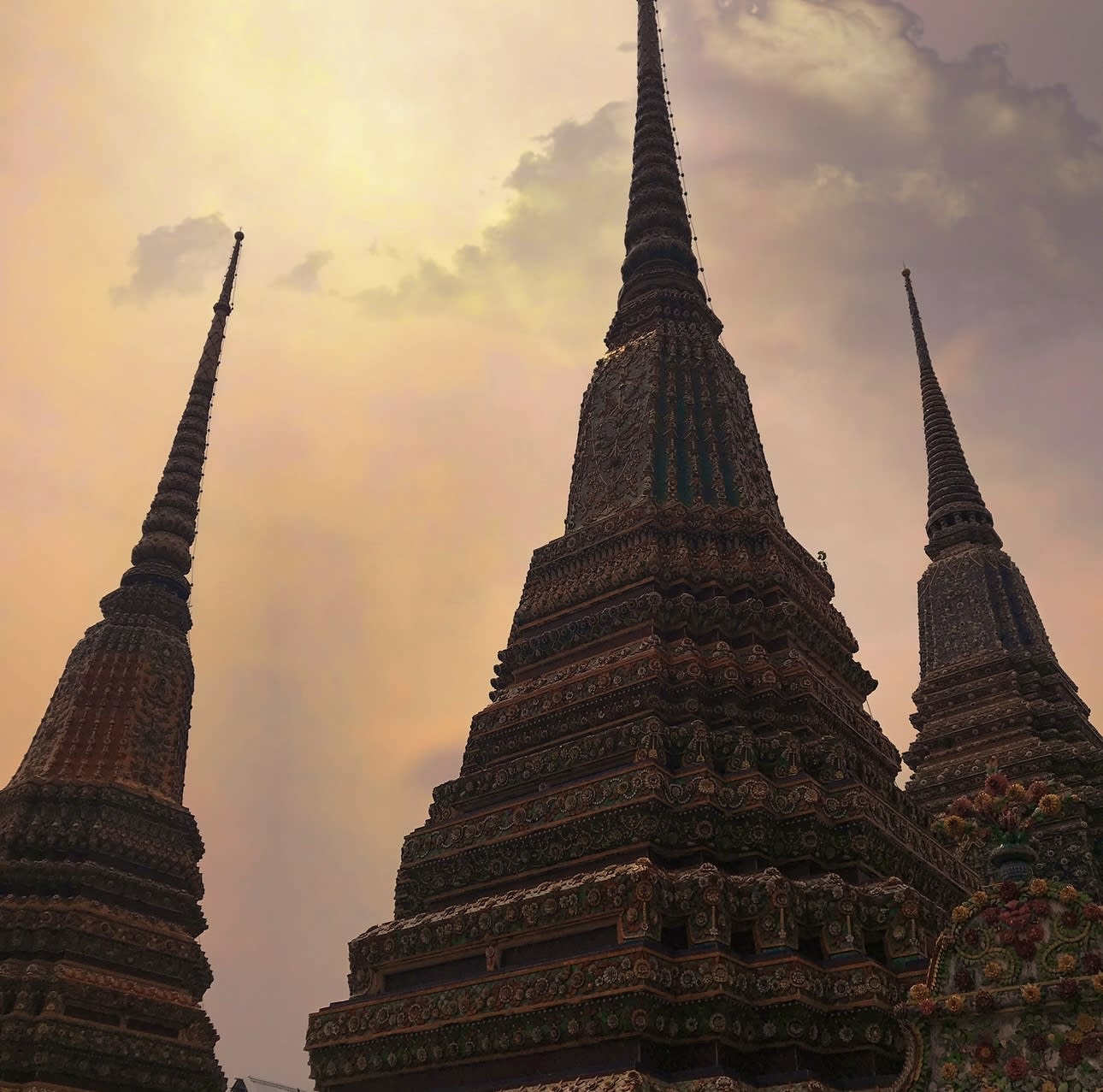 View of Buddhist temple at sunset
