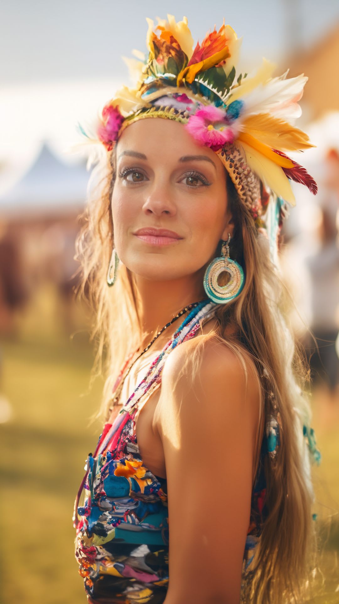 Britnee posing for a photo wearing a headpiece made with feathers