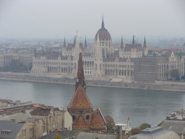 View of the Hungarian Parliament Building in Budapest on a very hazy day