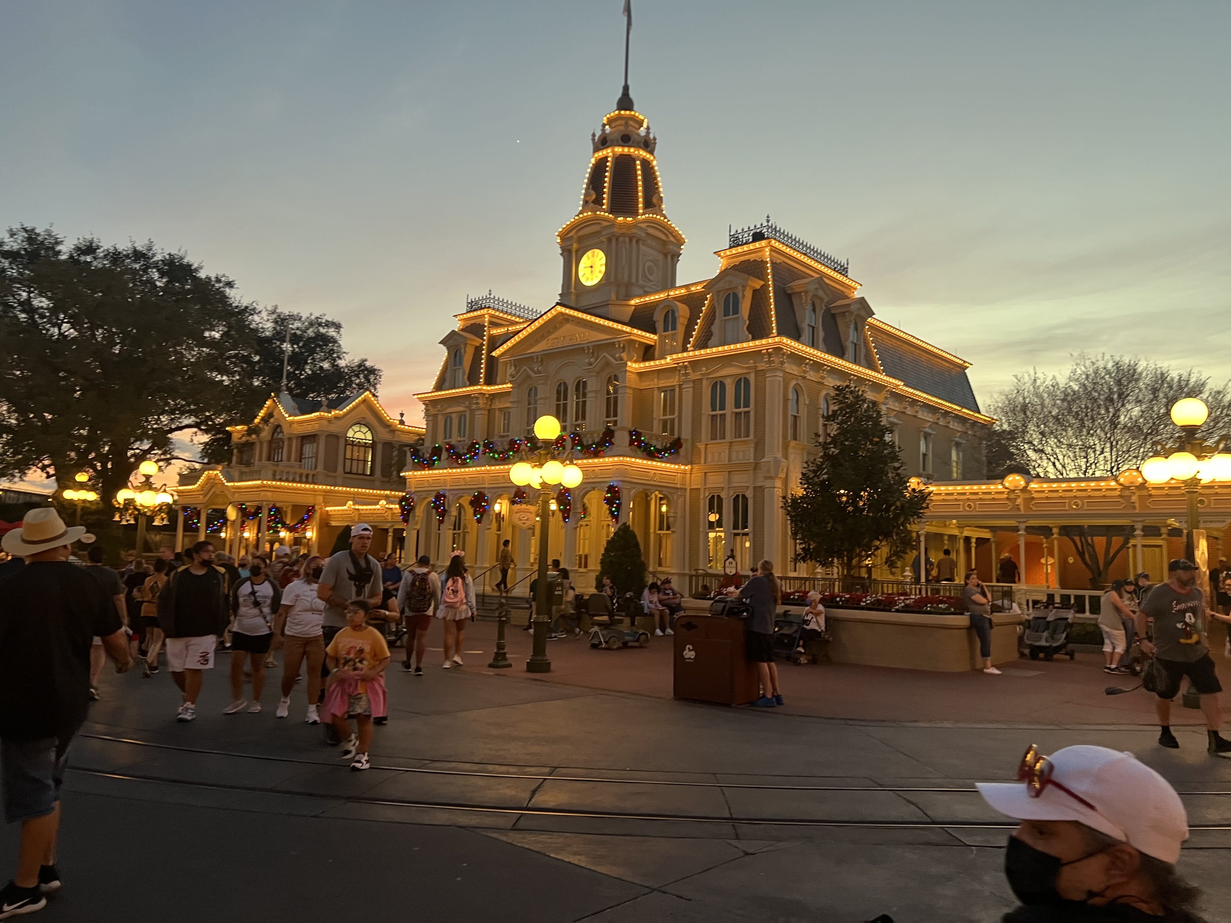 A photo of Magic Kingdom Park castle at dusk, decorated with string lights.
