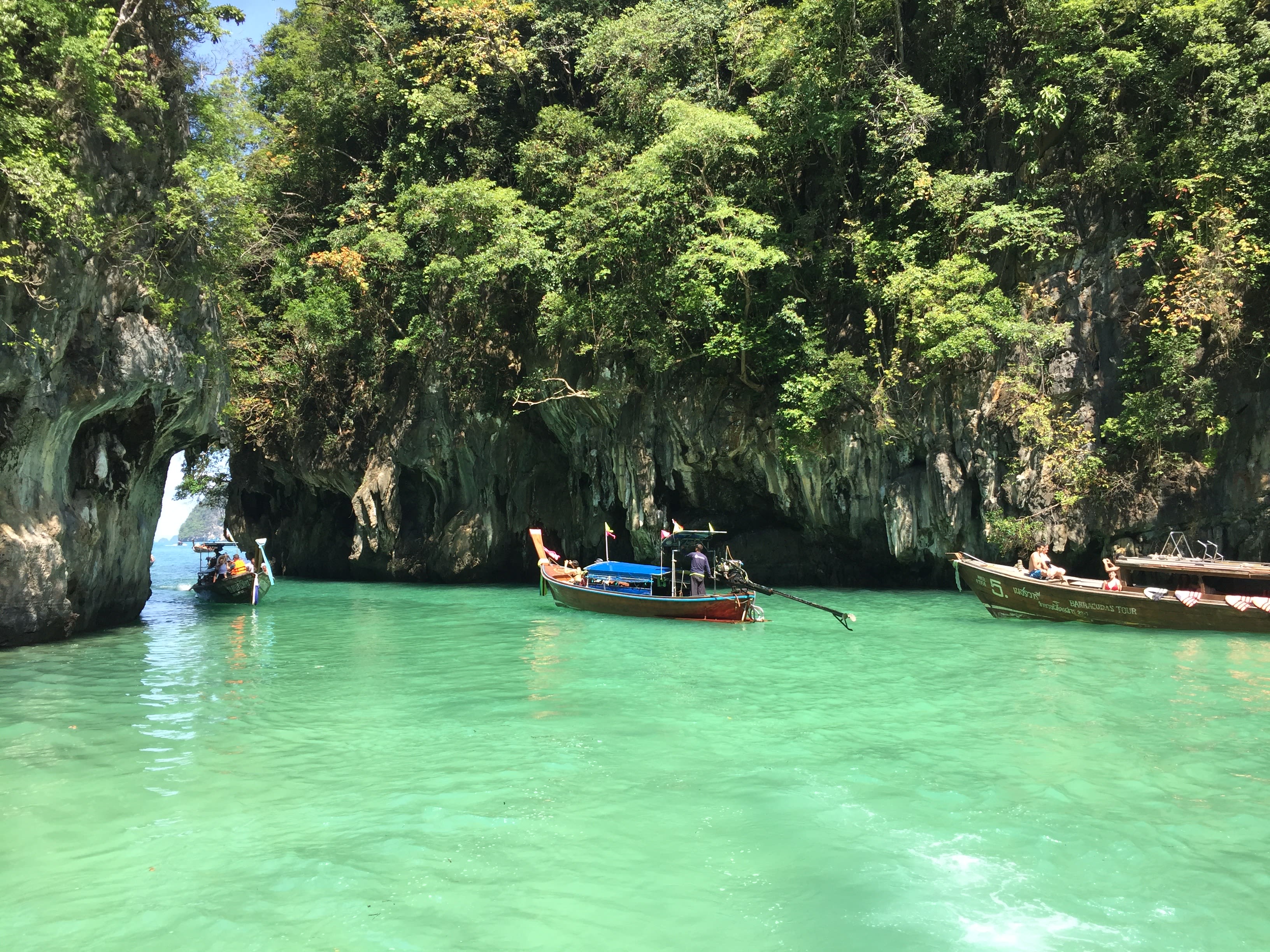 View of fishing boats sailing through a green lagoon on Krabi Island