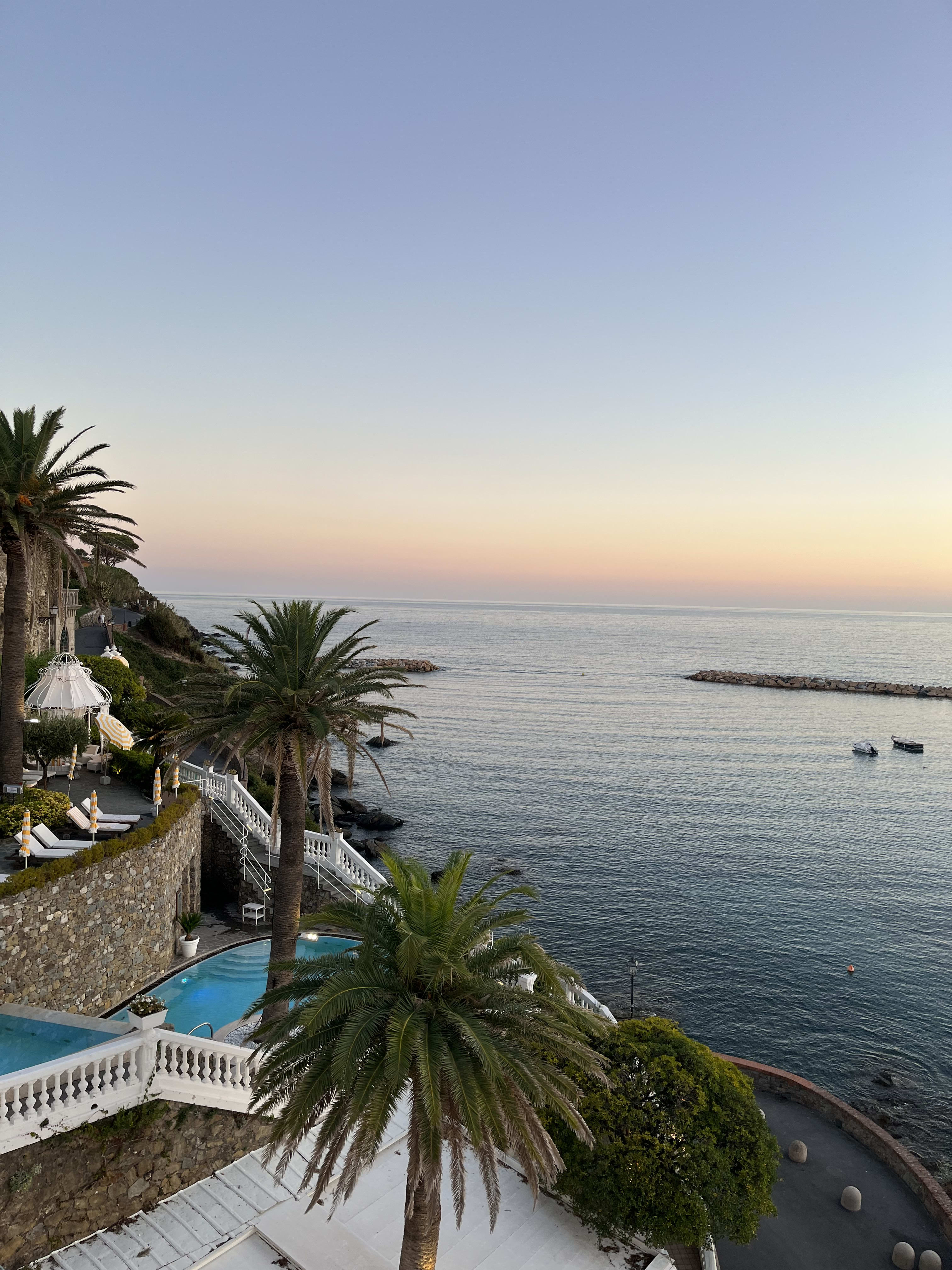 Beautiful view of palm trees and a calm ocean under a clear sky at sunset