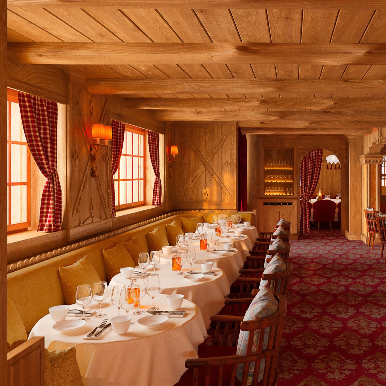Image a cozy alpine dining room with white tablecloths, wooden beams and ceilings and red carpeting