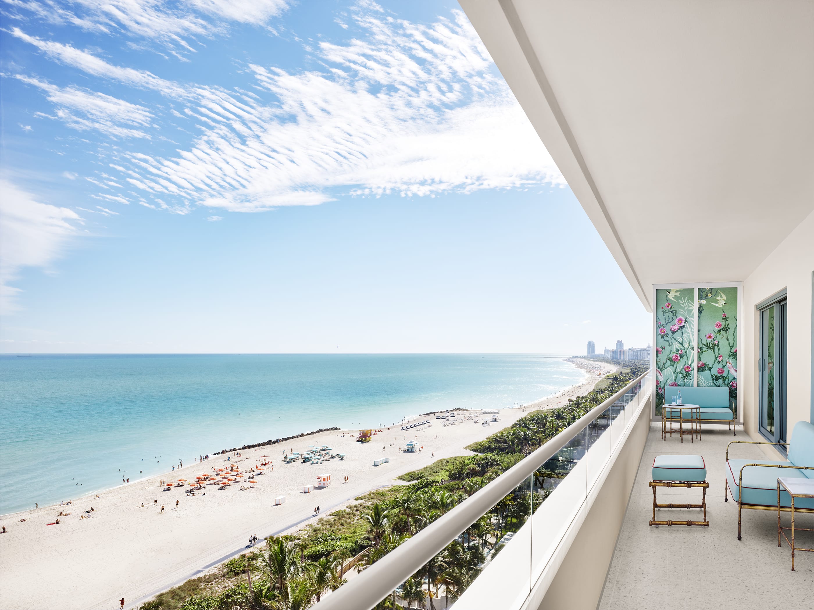 A hotel balcony overlooking Miami beach