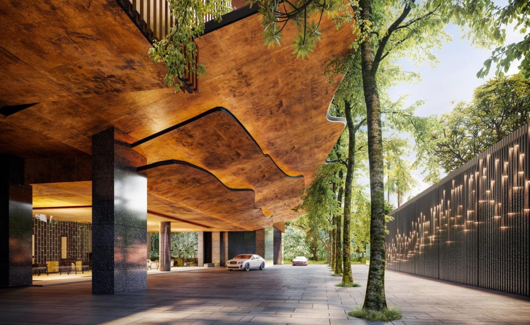 A hotel entrance with a unique wooden roof structure outdoors with tall trees