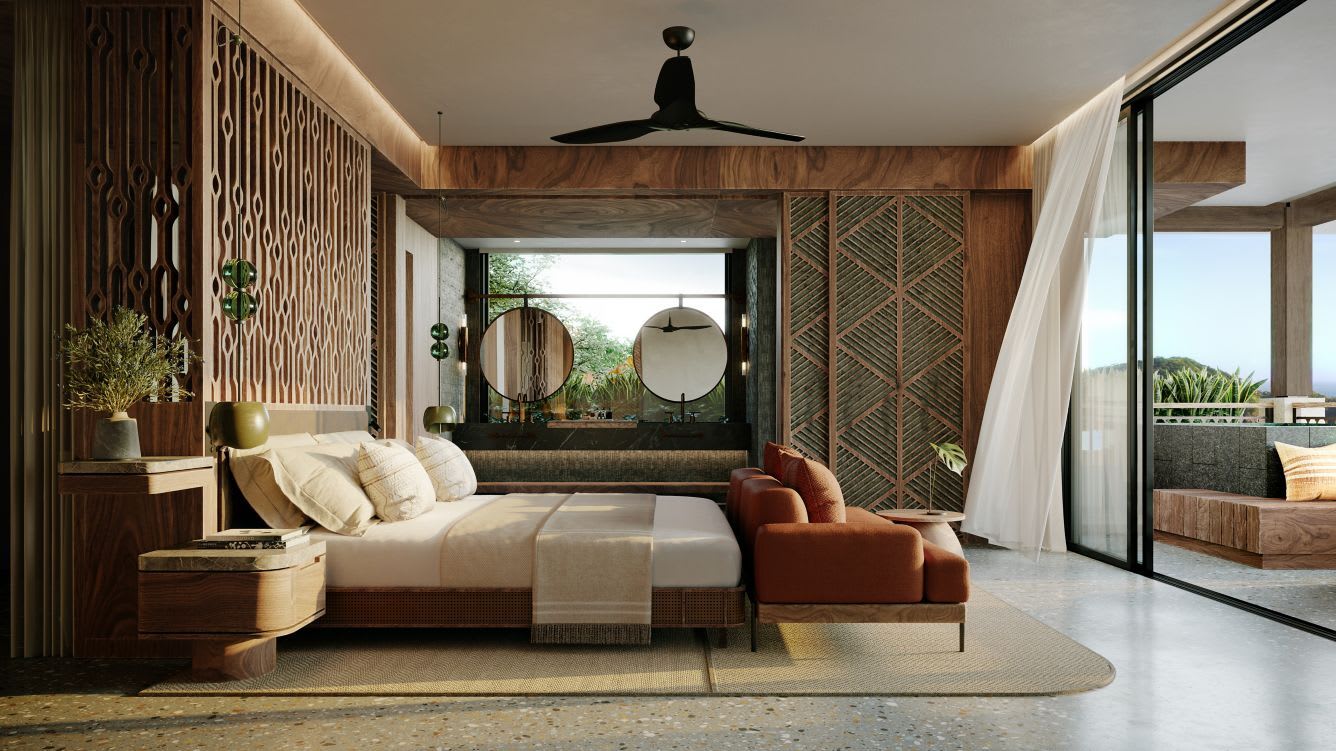 A an elegant open-plan hotel room with high ceilings, cream and brown furnishing, high ceilings and hanging mirrors