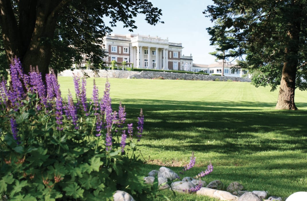An extensive green area with a grand white building in the background and a closeup of purple flowers.