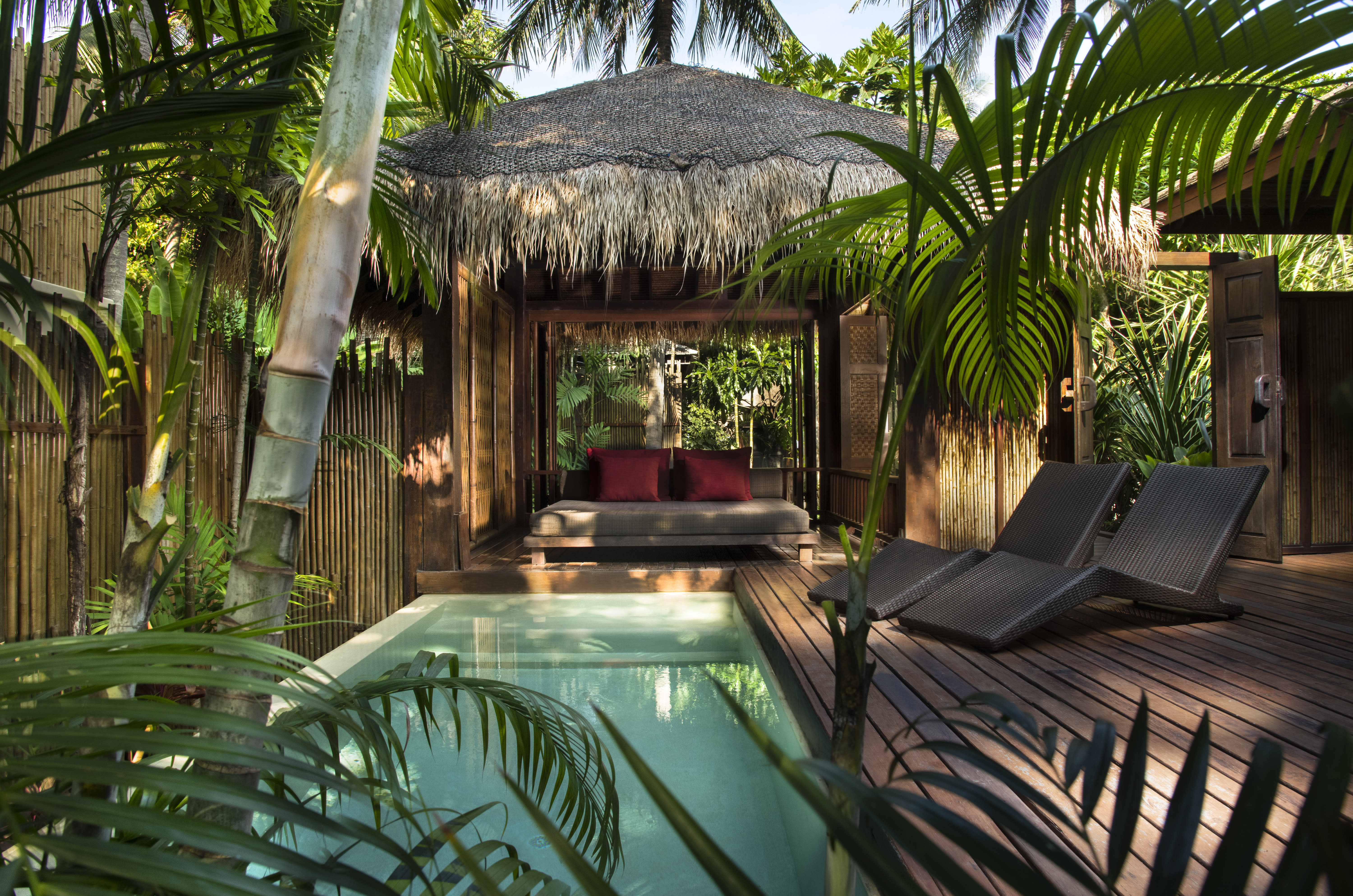 A private villa pool area with a straw roof, lush garden and wooden deck