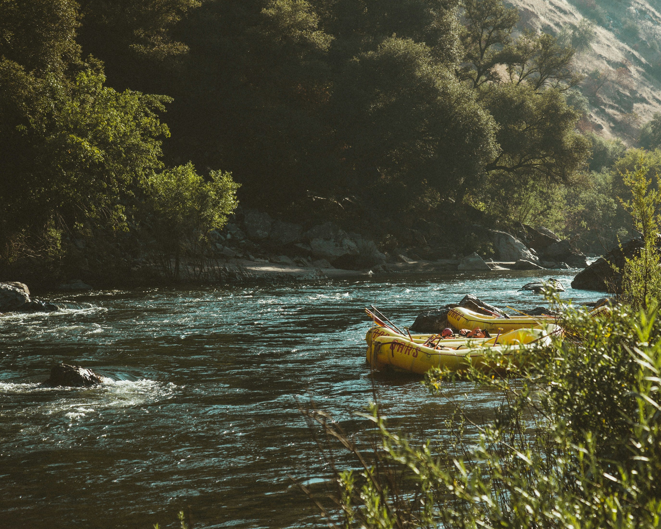 Yellow rafts on the edge of a river with green trees in the background