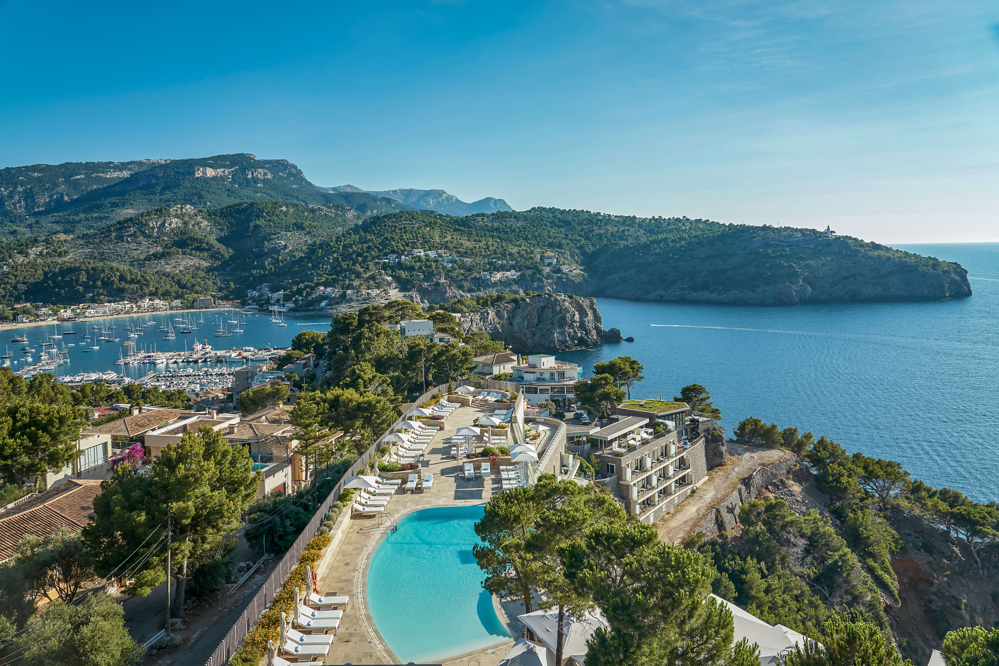aerial view of a pool overlooking the ocean