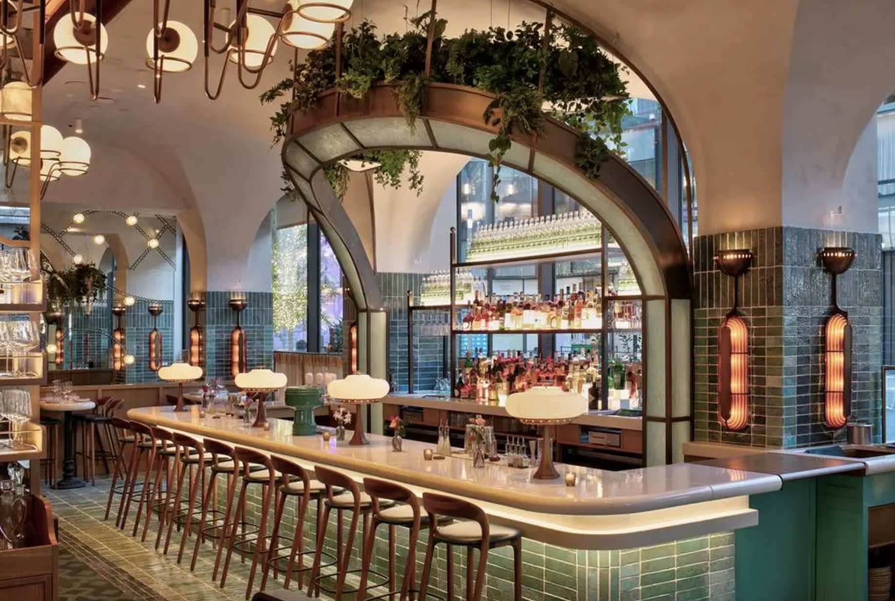 colorful bar with a counter and stools