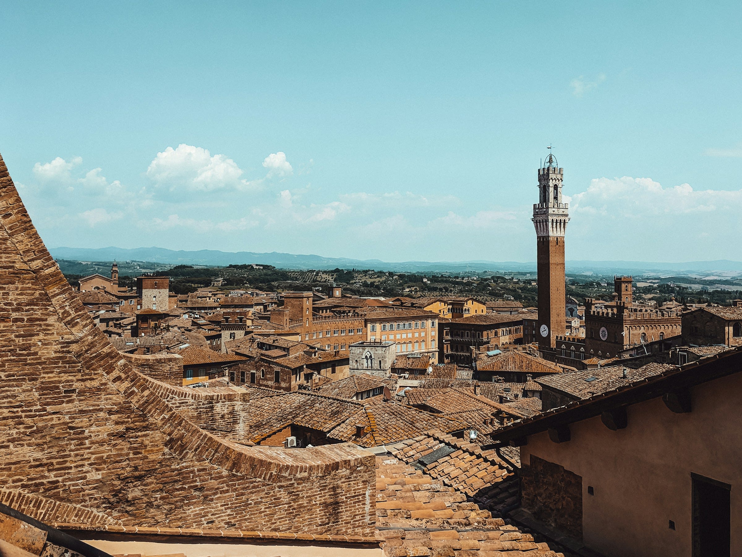 Brown stone and brick rooftops with a white and brown tower during the day