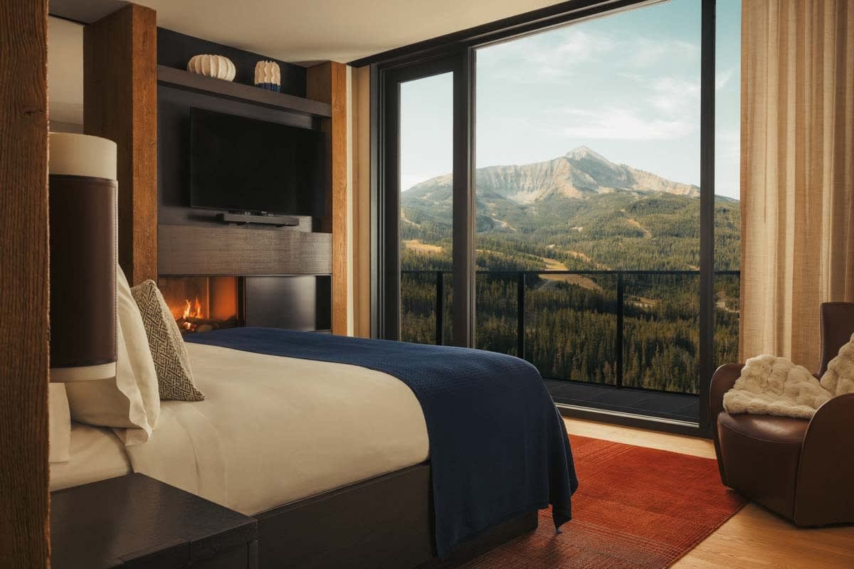 An elegant hotel room with floor-to-ceiling windows with views of mountainous landscape