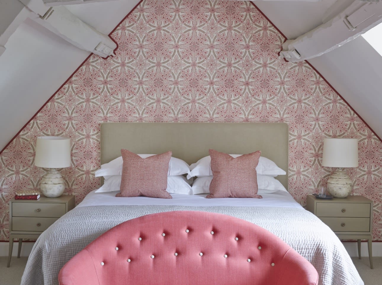 pink bedroom with white wooden vaulted ceiling