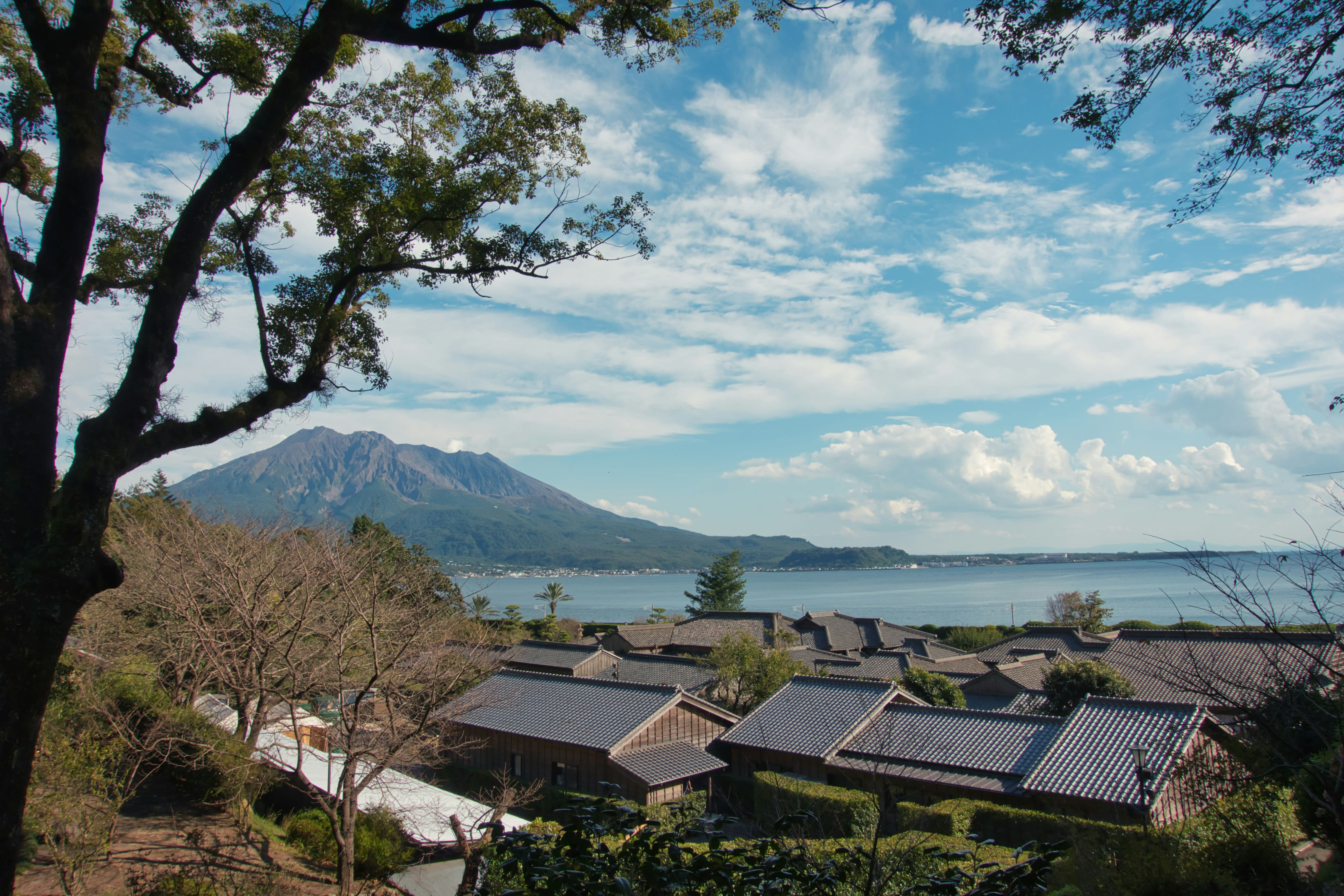 A view over traditional Japanese rooftops overlooking a body of water with mountain