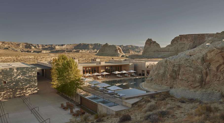 pool with desert and mountains beyond