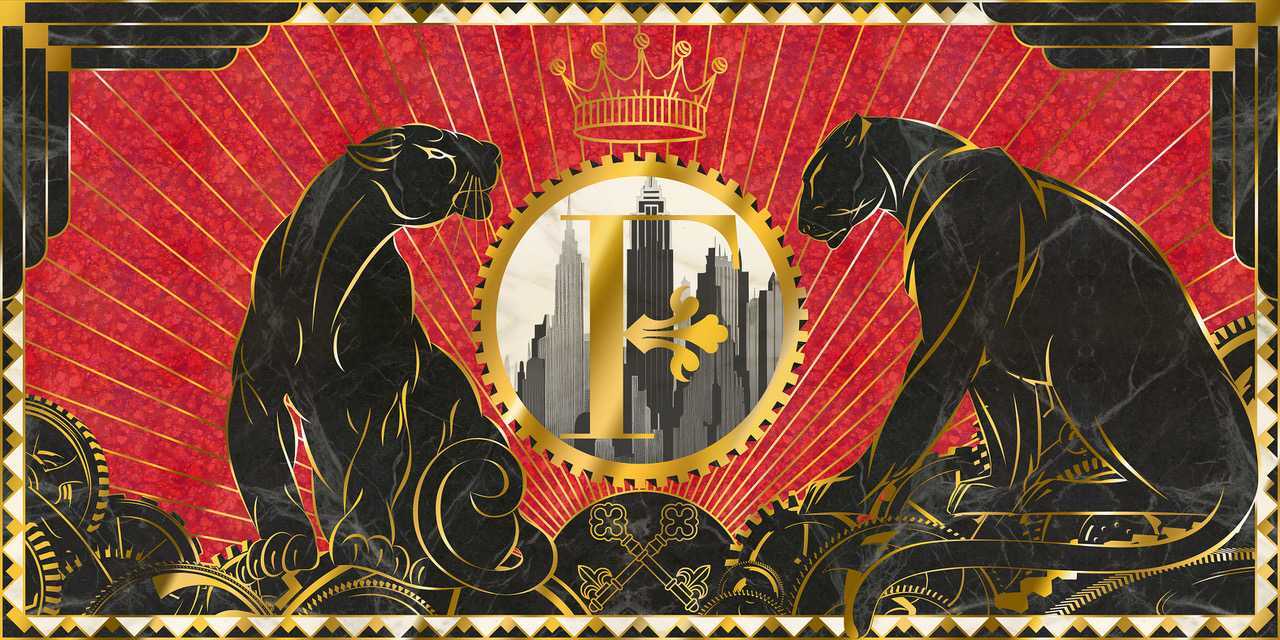 A drawing of two black lions facing a gold-lined circle with skyscapers in them, on a red background.