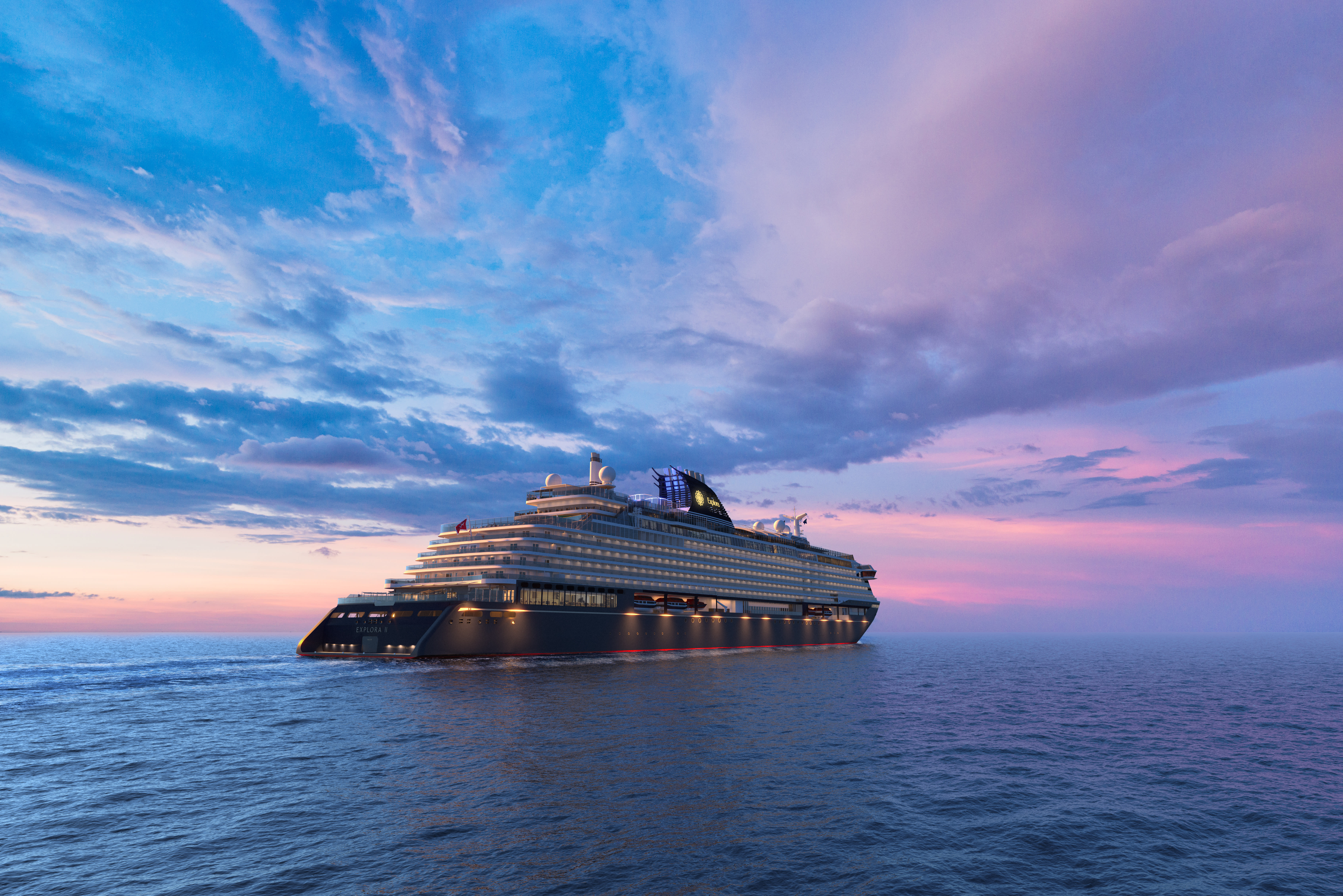 A cruise ship sailing at dusk with blue and pink skies