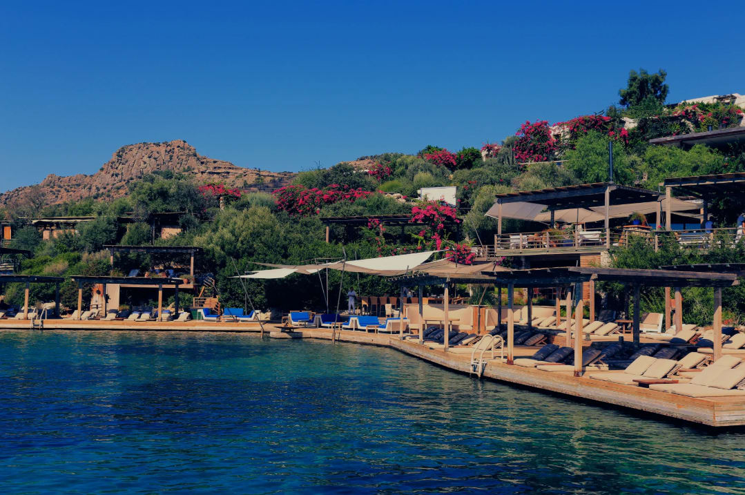 Beach club with lounge chairs and shaded cabanas along clear blue water, backed by green hills with flowering bushes.