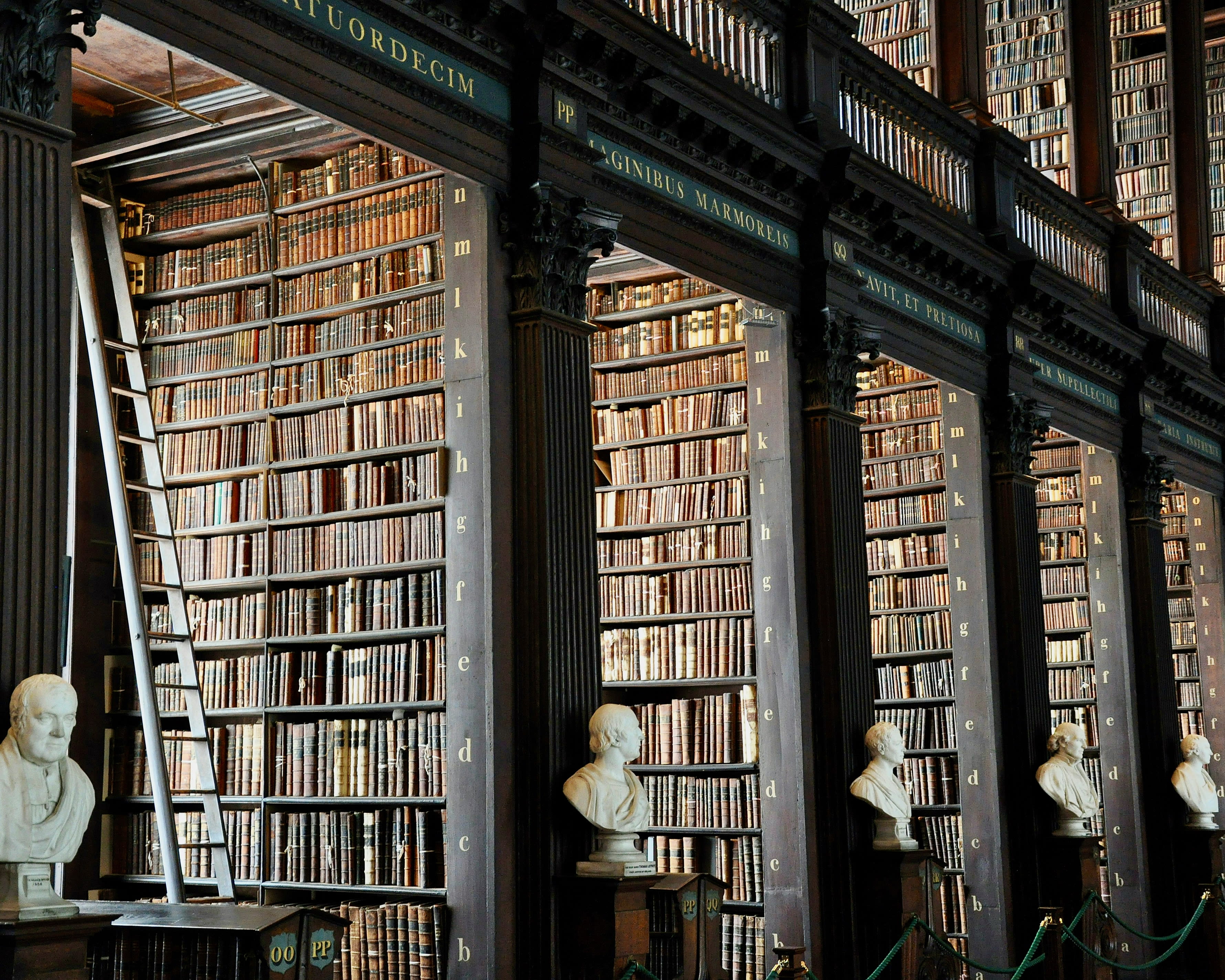 a multi-story library filled with lots of books and busturine statues