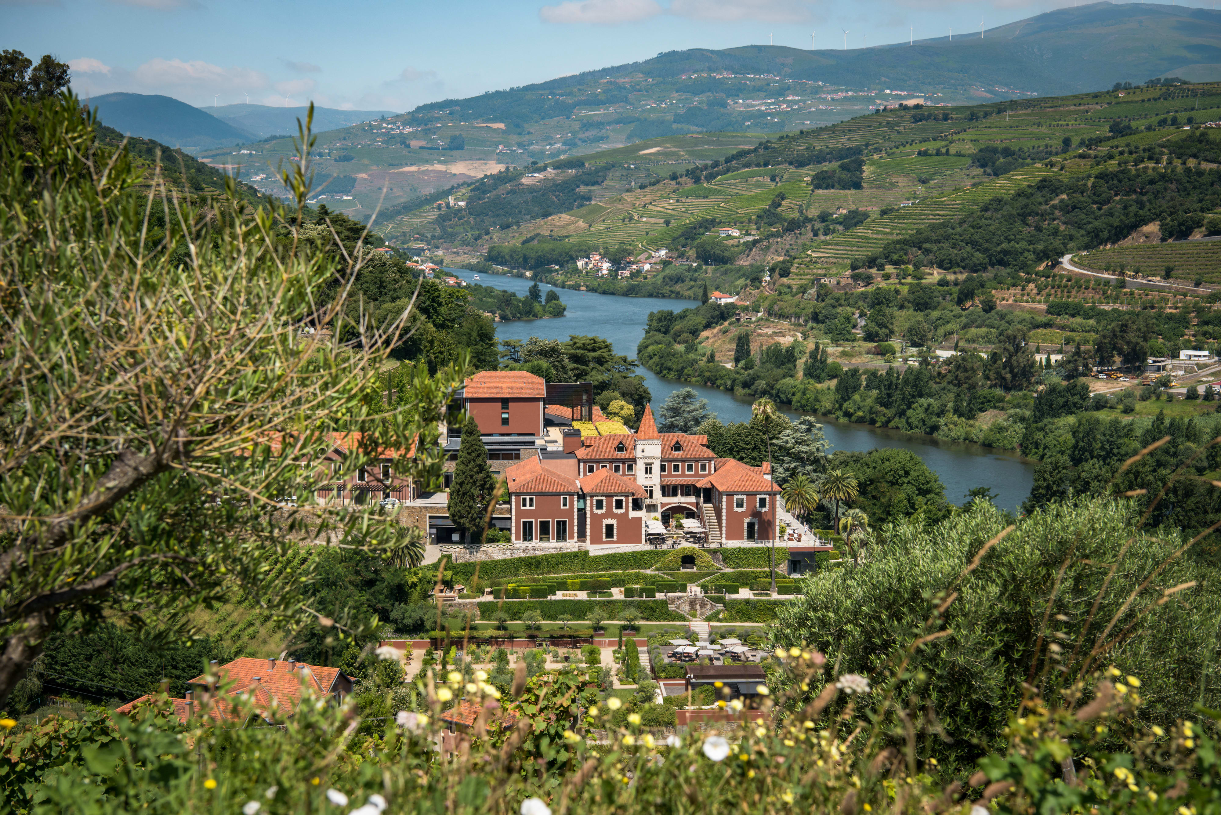 ChatGPT dijo: Aerial view of Six Senses Douro Valley, nestled amid lush vineyards and rolling hills beside the winding Douro River under a bright blue sky.