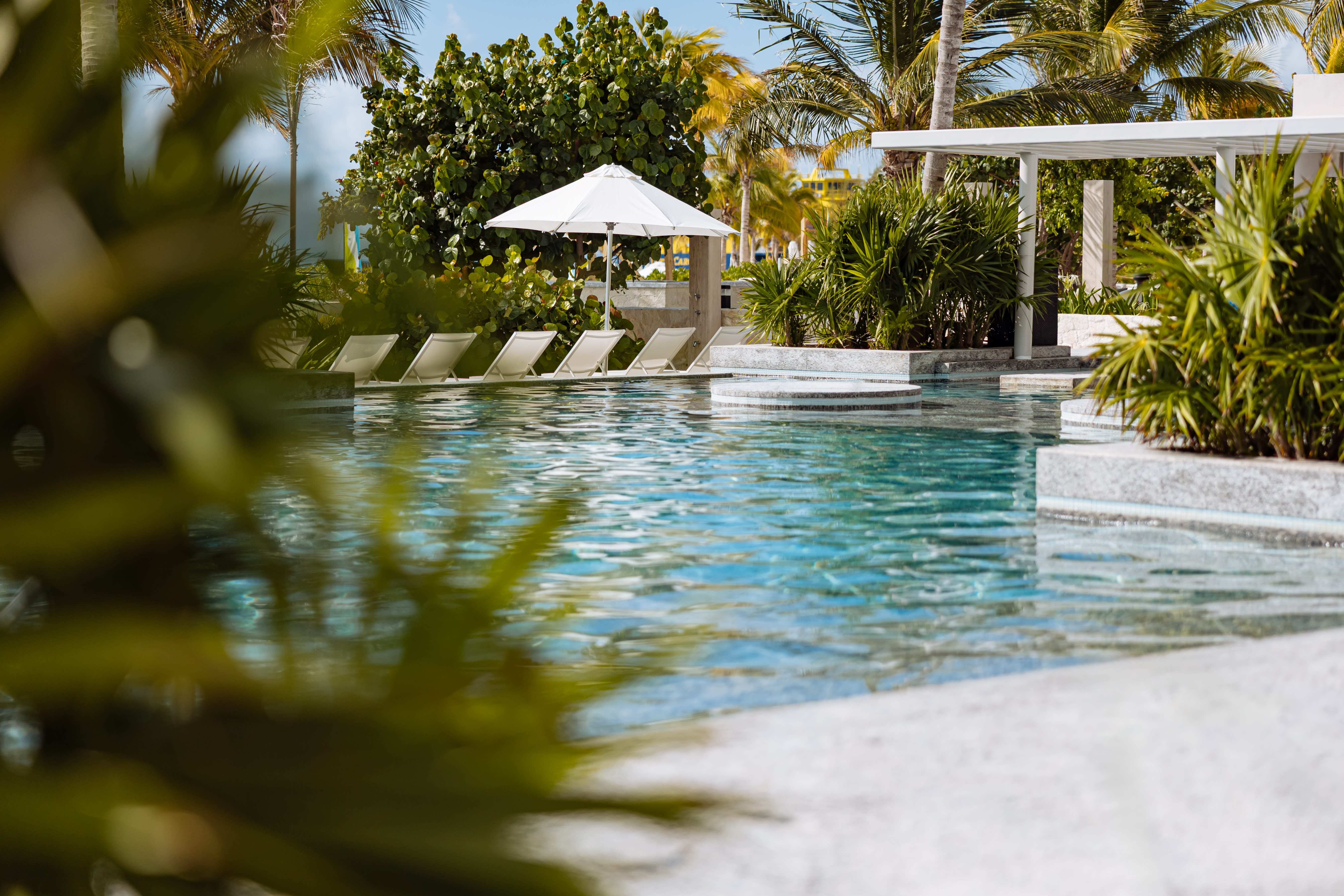 Resort poolside scene with white loungers under umbrellas surrounded by palm trees and tropical greenery.