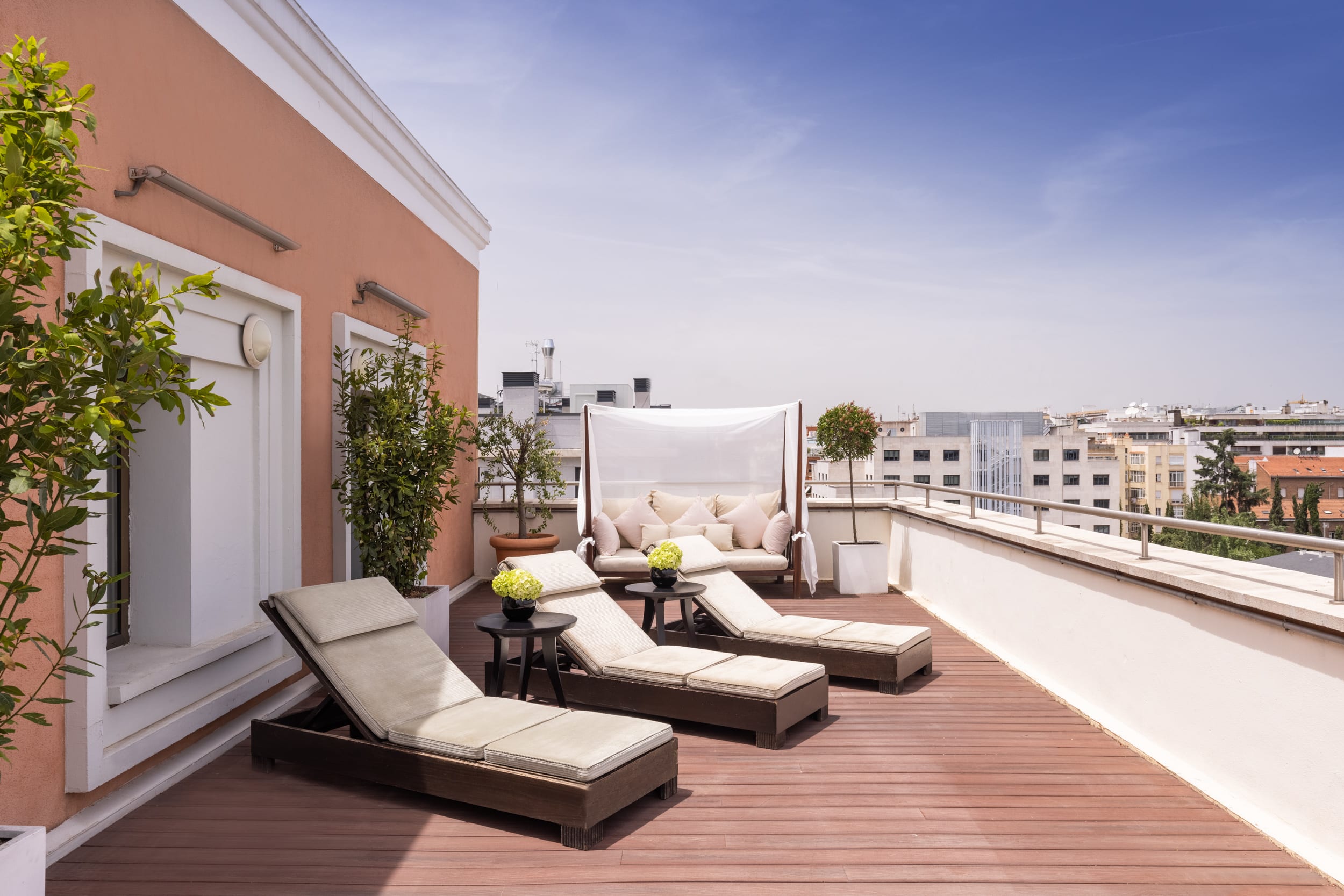 Rooftop terrace with cushioned lounge chairs, potted plants, and a canopy sofa overlooking city buildings under a clear sky.