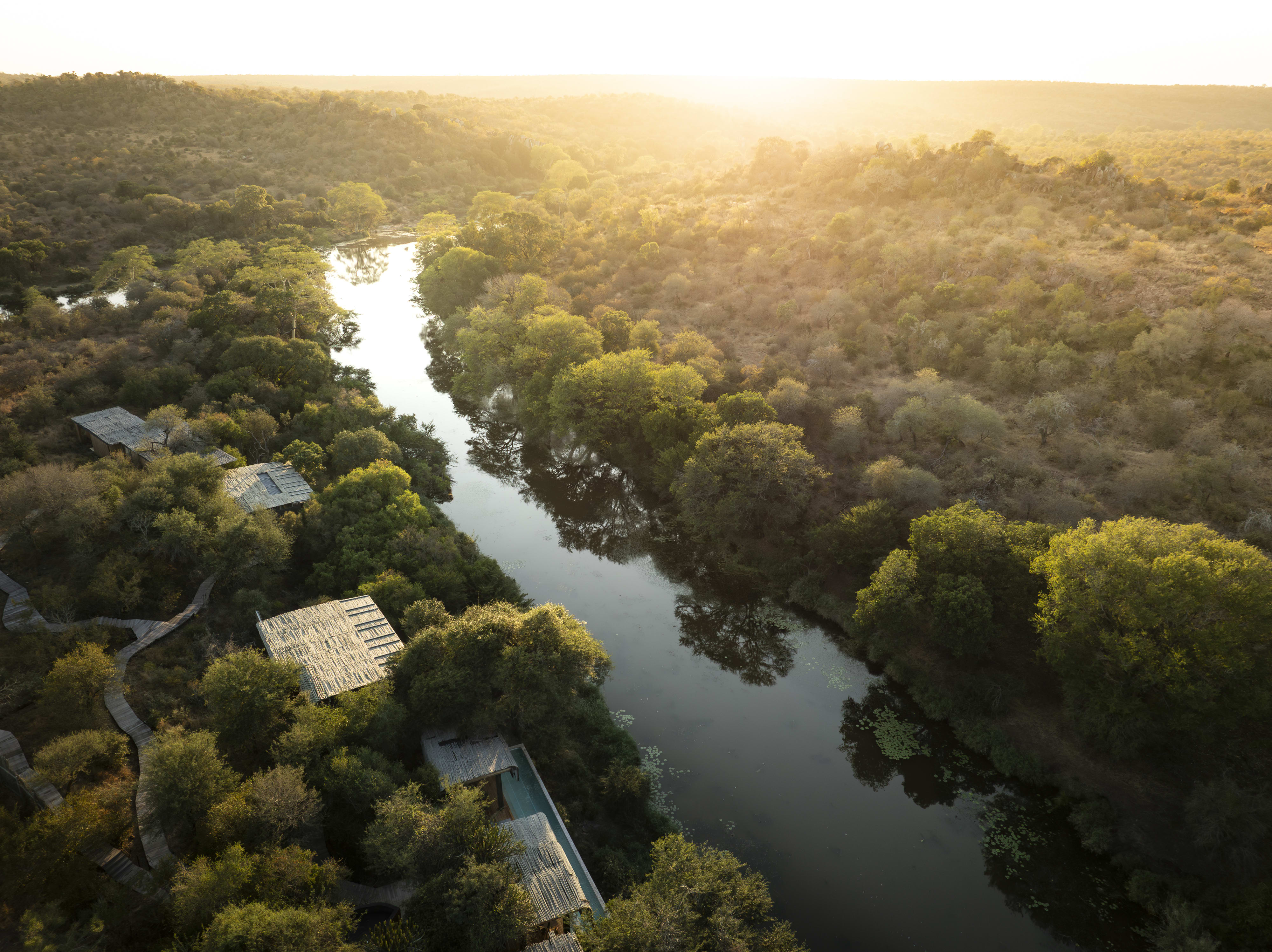aerial view of a river with forest and small buildings