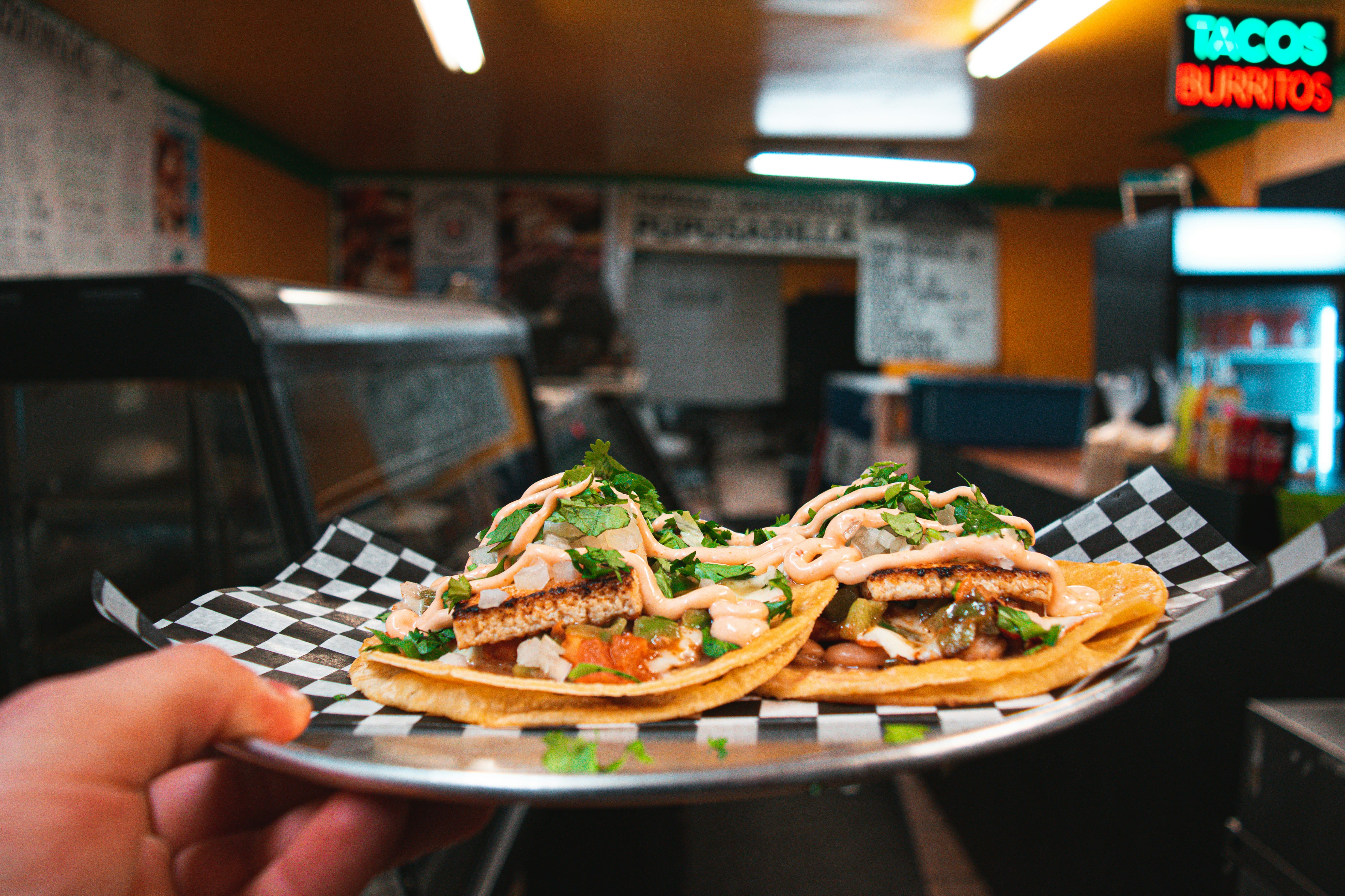 Close-up of two tacos topped with grilled meat, onions, cilantro, and a drizzle of creamy sauce, served on a metal plate with checkered paper inside a casual taquería.