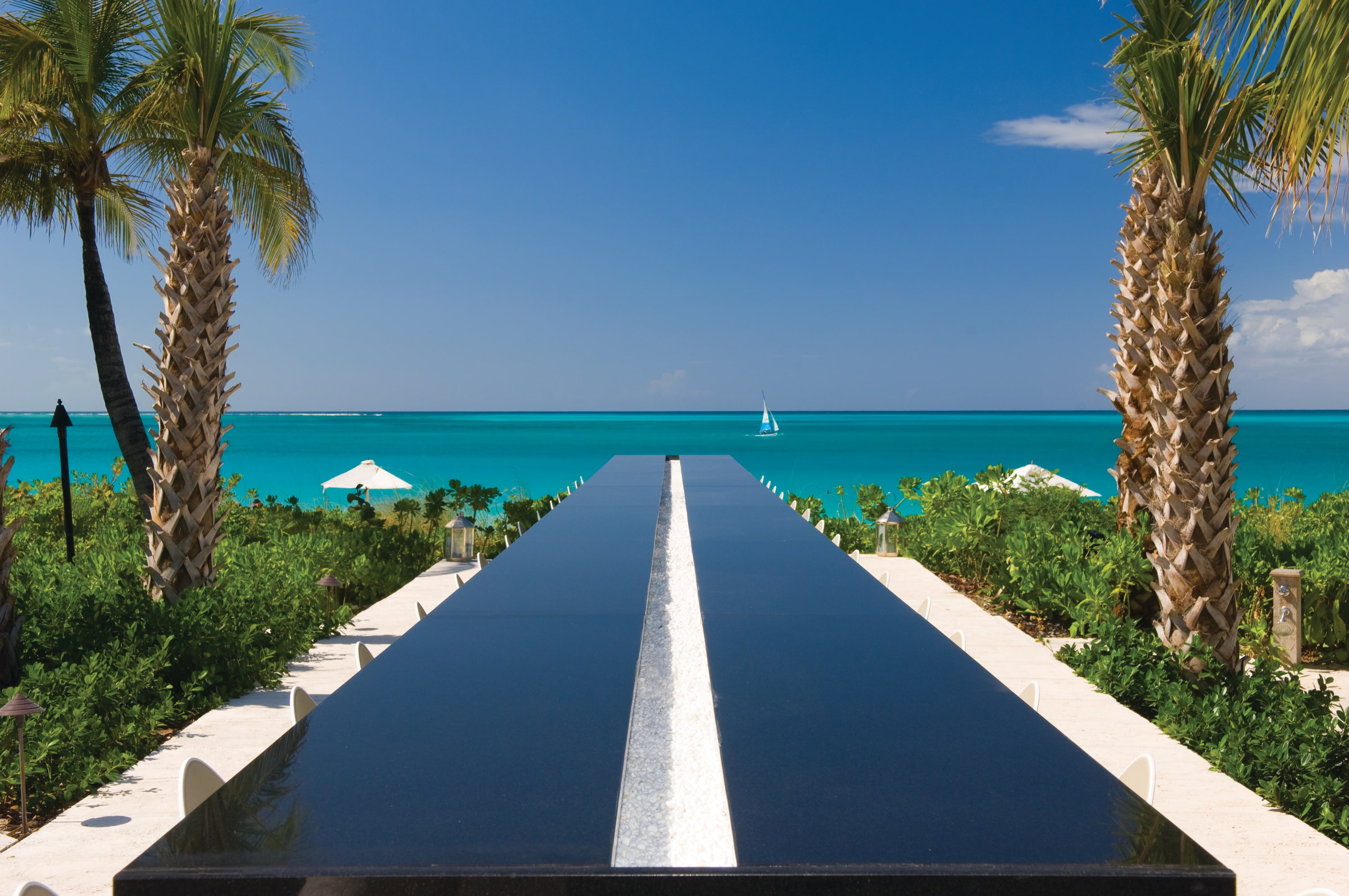 Long black infinity bar stretching toward turquoise ocean views, framed by palm trees and tropical greenery under a bright blue sky with a sailboat in the distance.