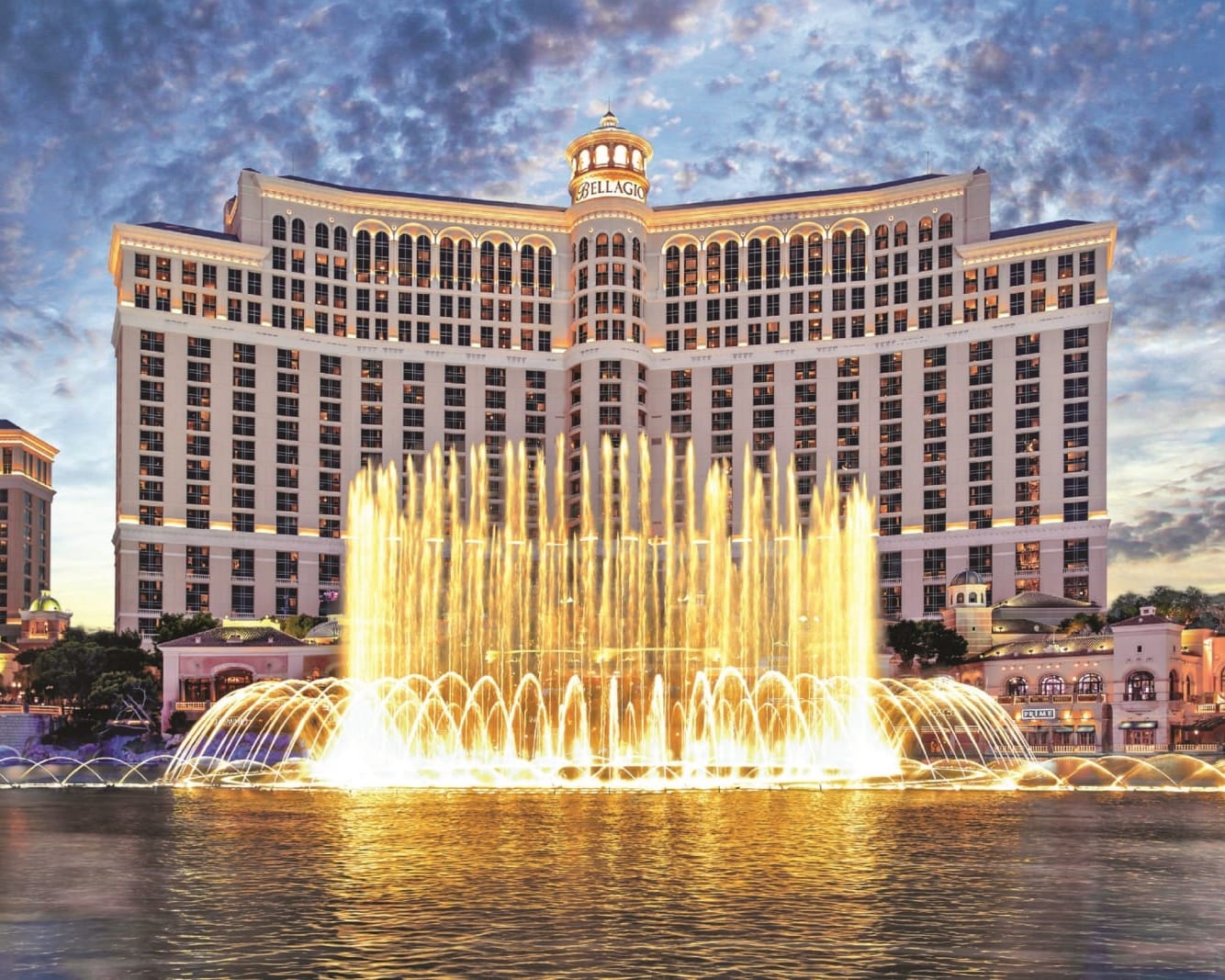 illuminated water fountains in front of a tall white building at dusk