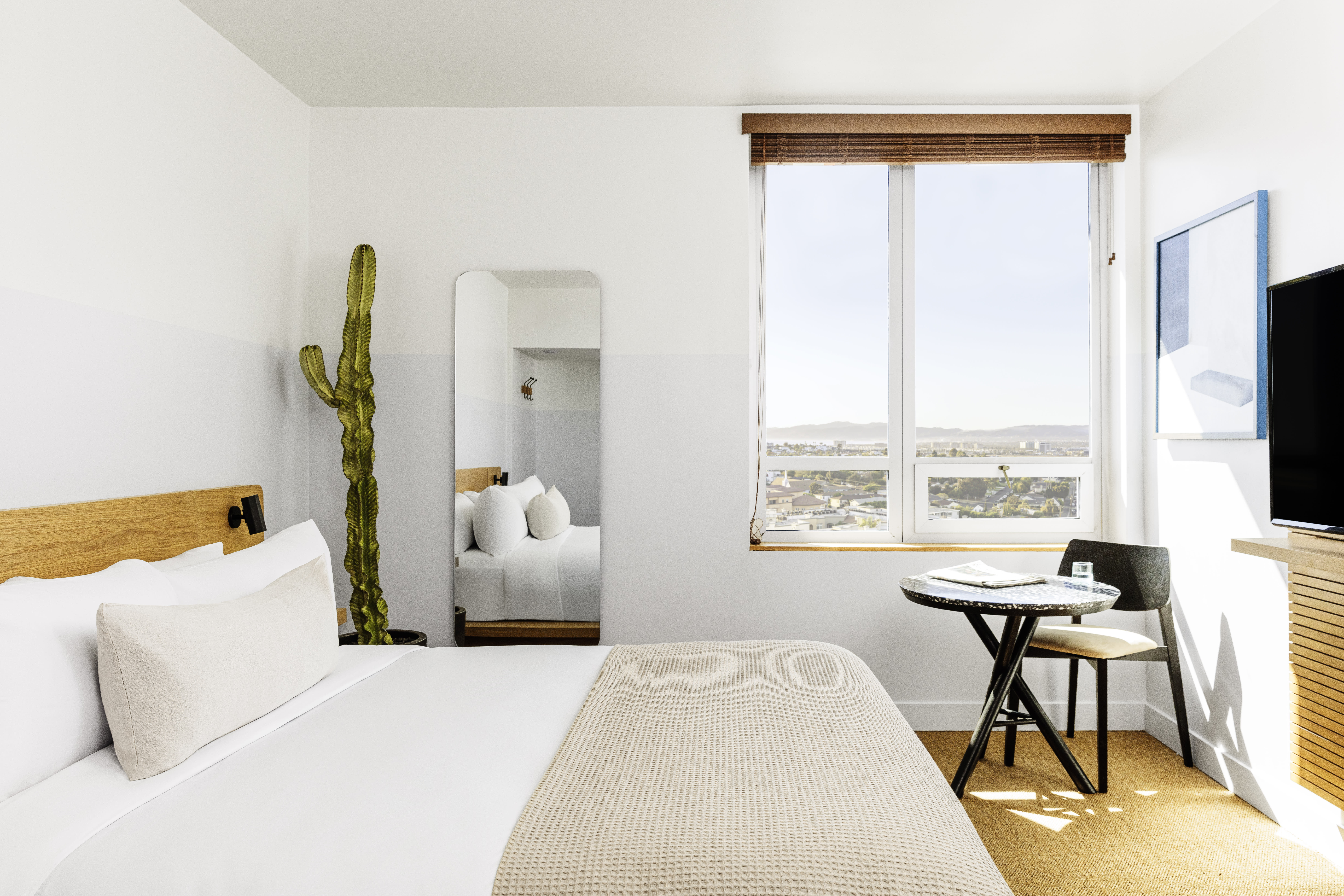 Minimalist hotel room with a cactus, light wood furnishings, and a large window overlooking the city under bright natural light.