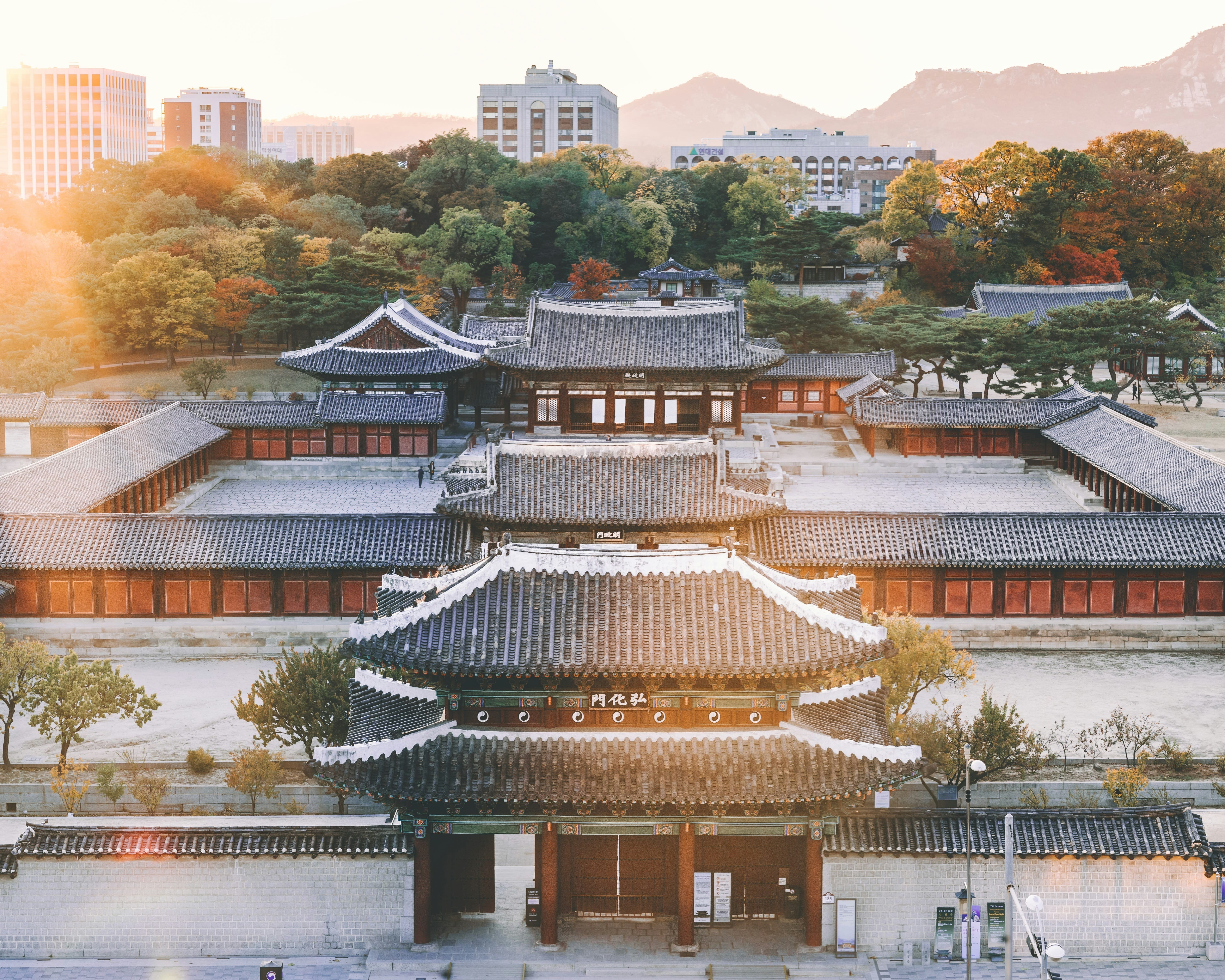 aerial view of asian palace complex with long buildings, large courtyard, red walls, and black tile roofs