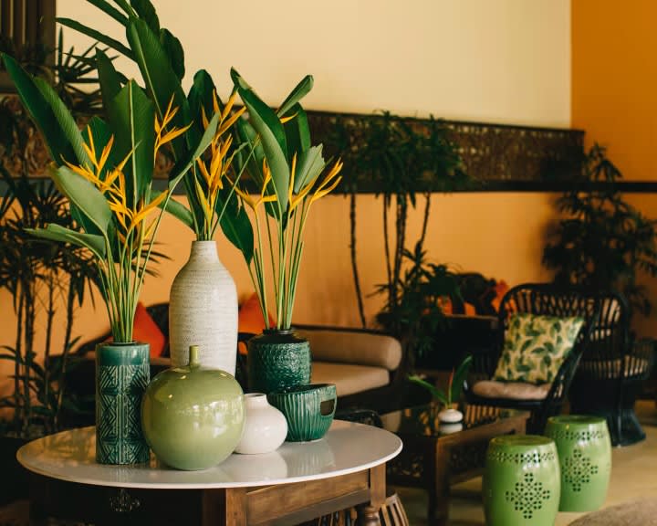 tropical floral arrangements in colorful vases on a table