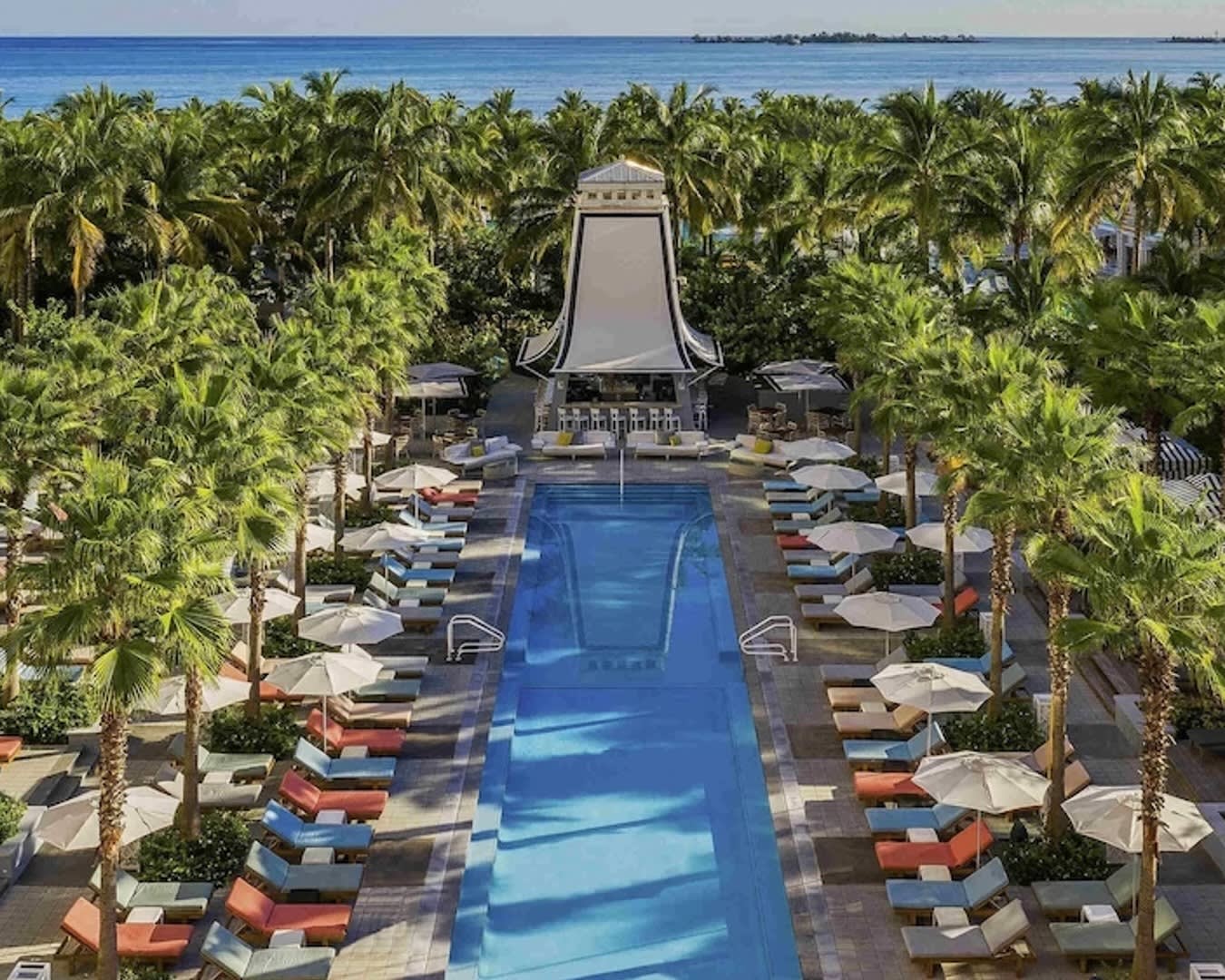 aerial view of a pool lined with lounge chairs, palm trees, and the ocean in the distance