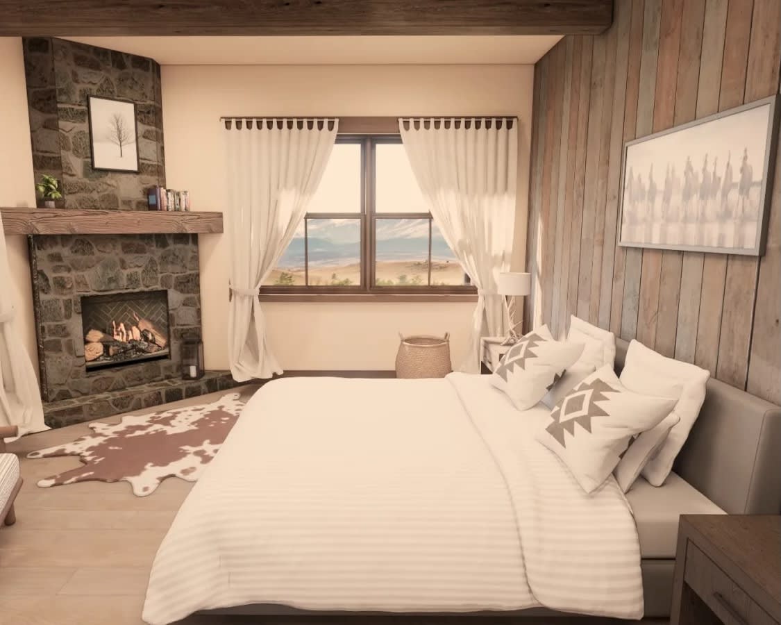 rustic contemporary room with wood paneled wall, grey and white furniture, and grey stone fireplace