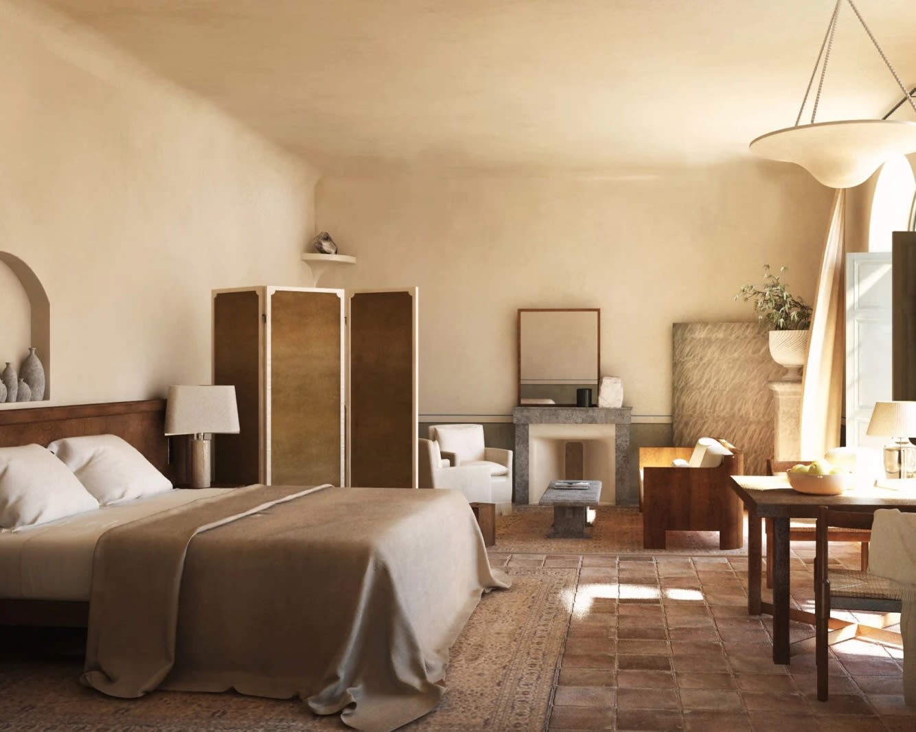hotel room with brown, tan and white tones; a bed facing open windows