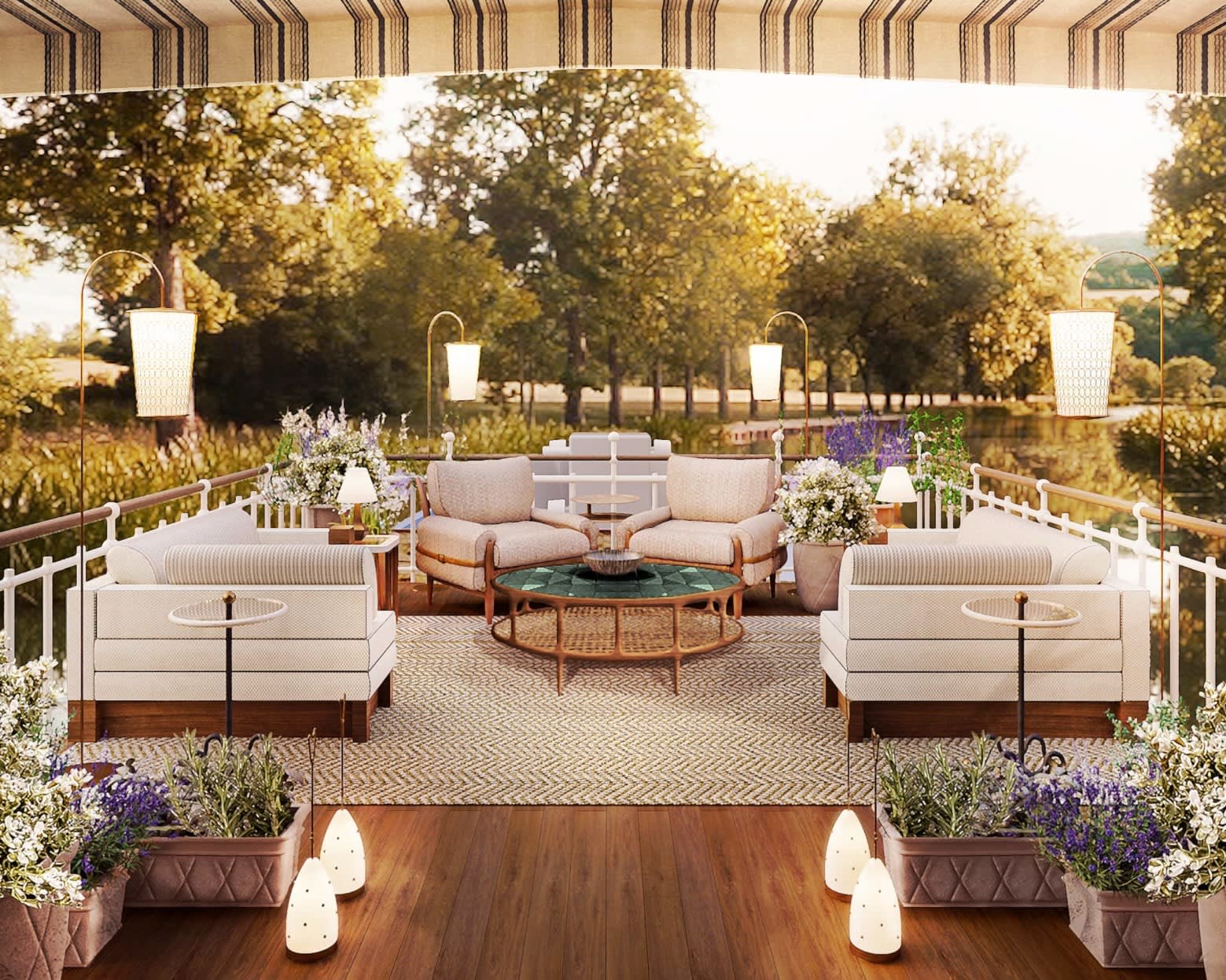 river cruise deck with modern, luxurious dark wood and white fabric furniture under lanterns on a tree lined river
