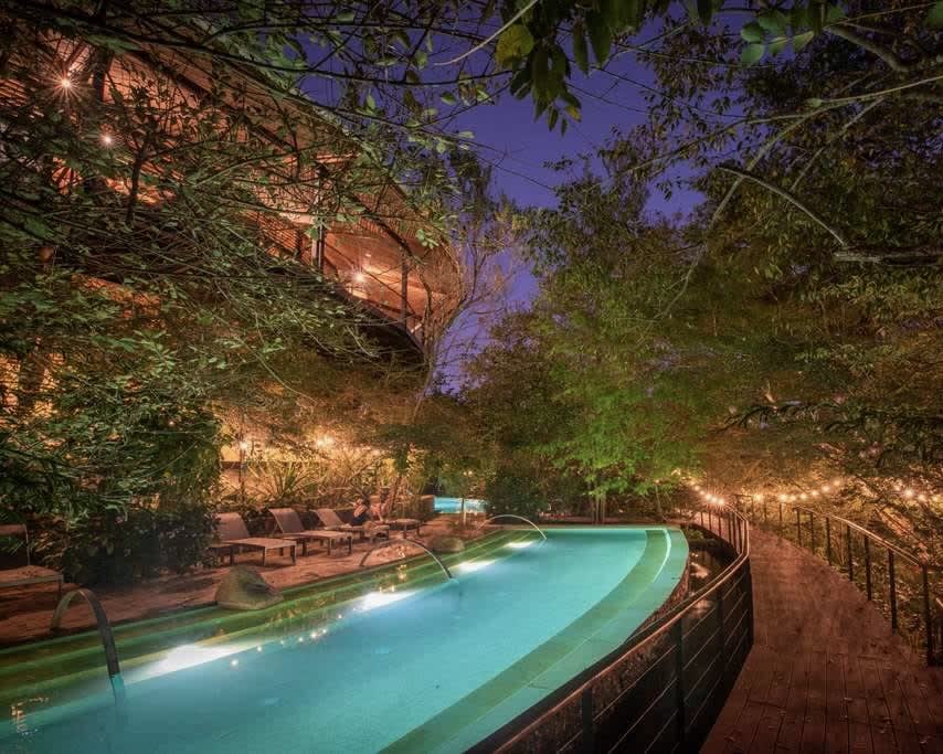 turquoise pool at night next to lounge chairs under green trees