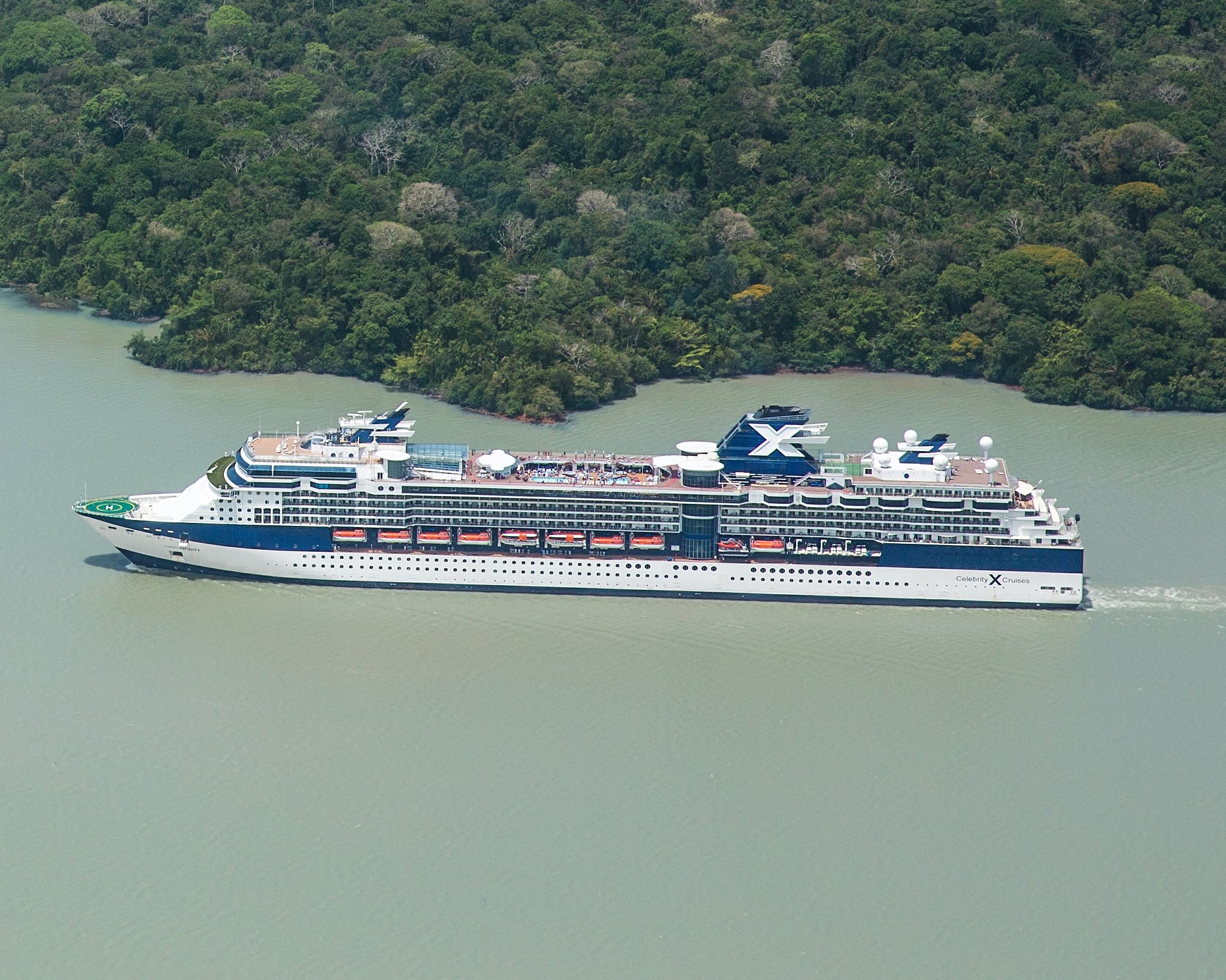 a cruise ship sailing next to verdant green tropical forest