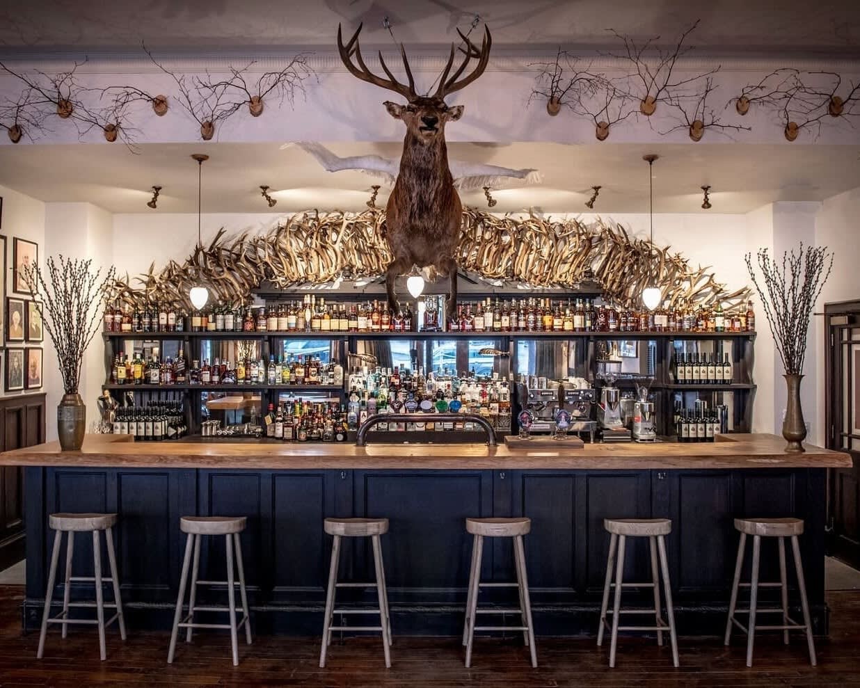 a rustic bar with wood stools, wall of alcohol bottles, and a deer head above the bar