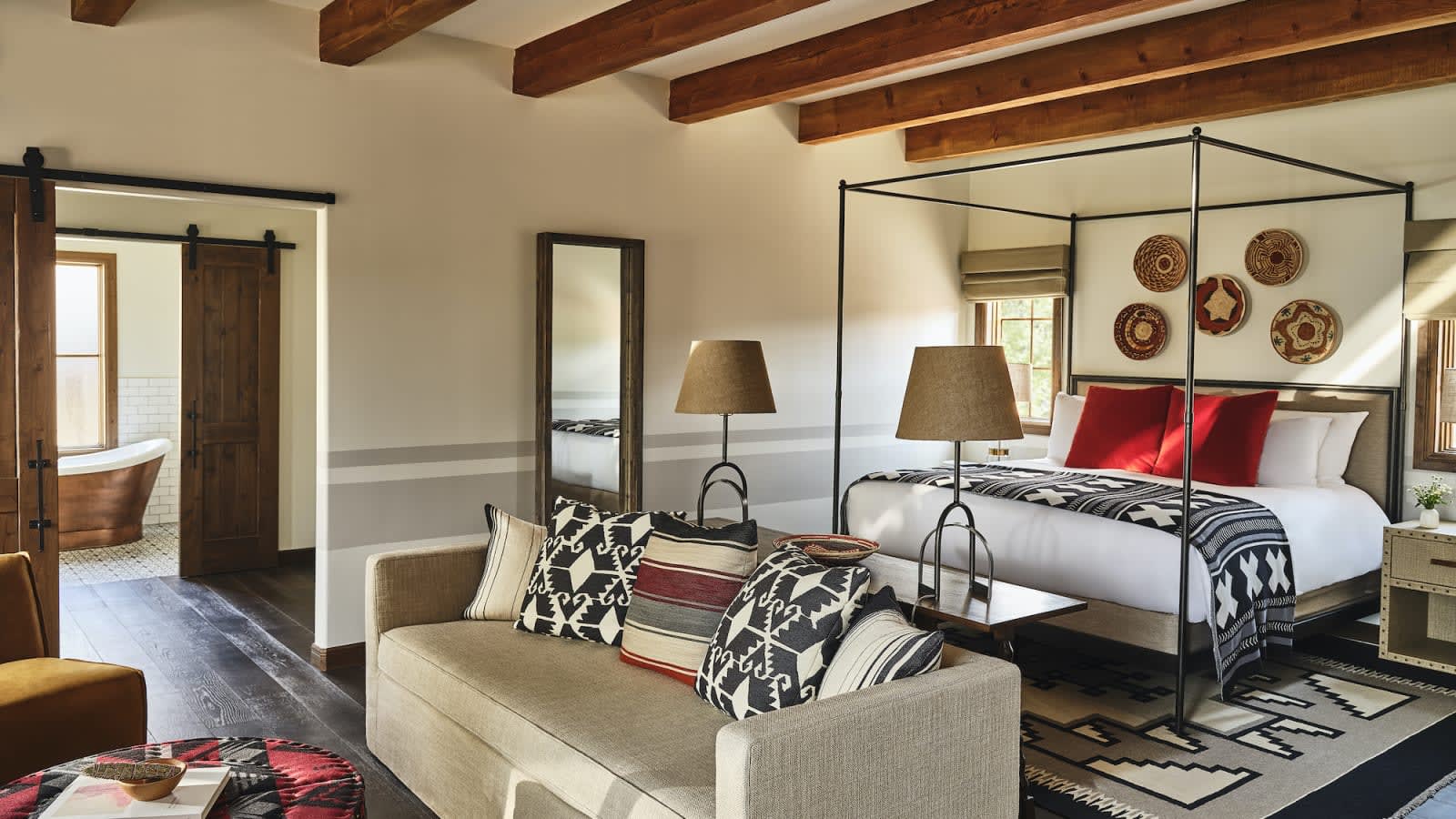 A guest bedroom at Bishop's Lodge, Auberge Collection