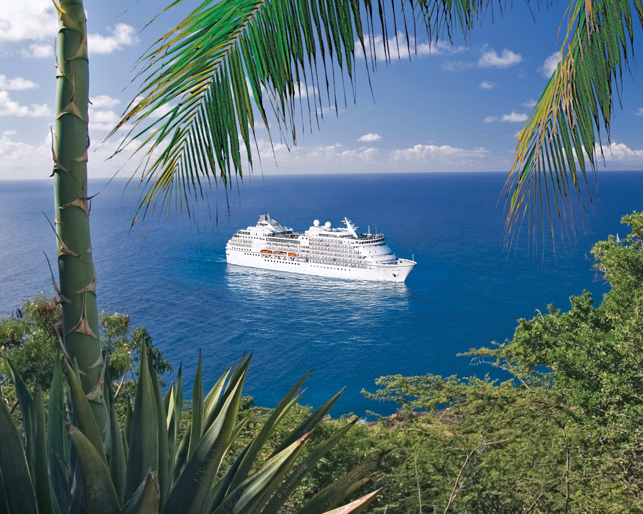white cruise ship in turquoise ocean waters off a tropic coast