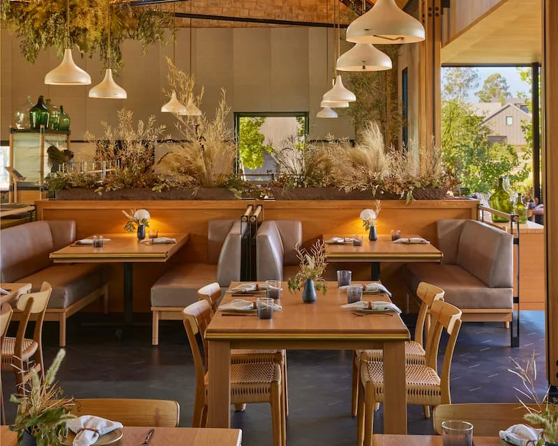 contemporary restaurant with wood seats, tall tan grass, and white overhead lamps during day
