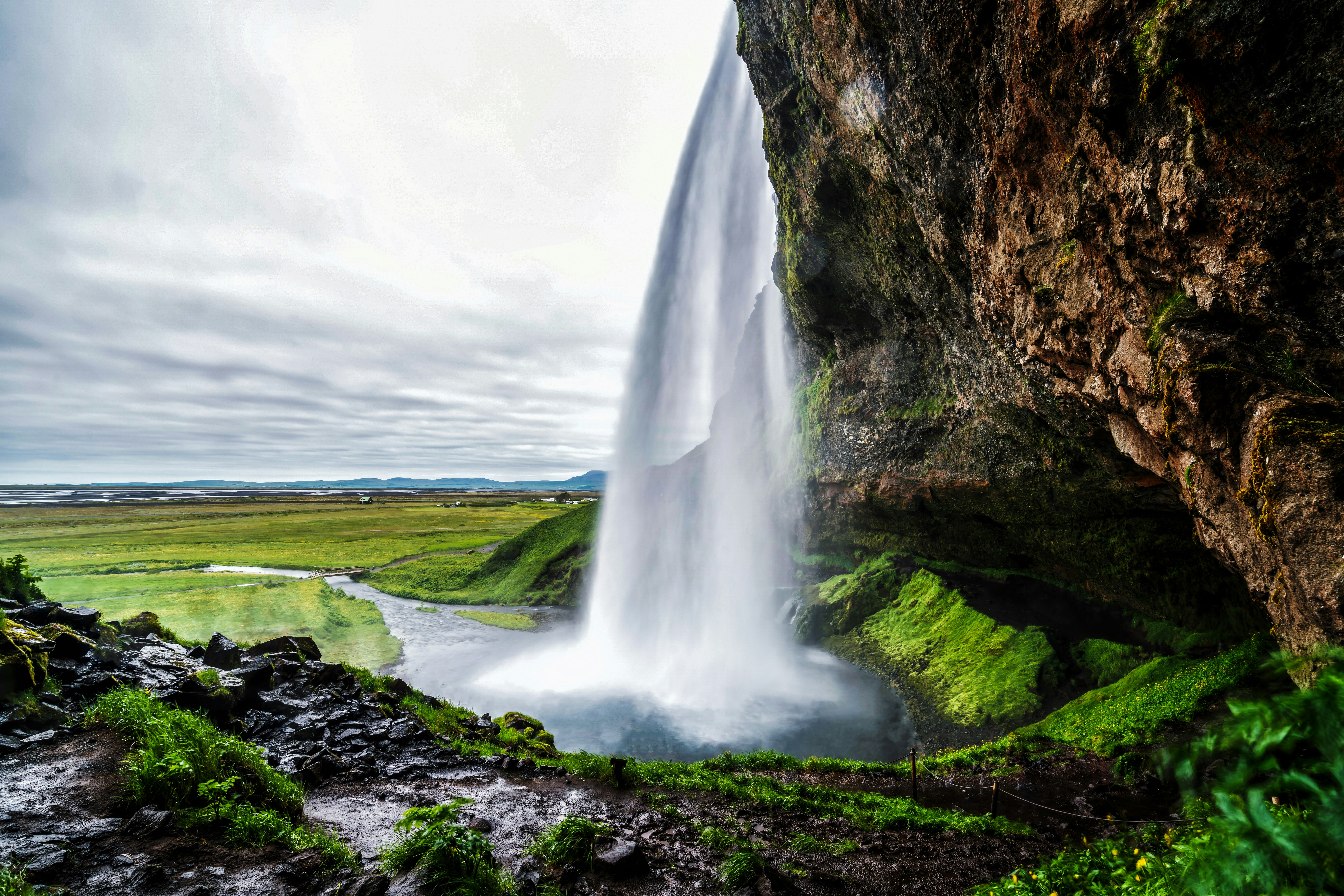 Southern Iceland's Skogafoss waterfall as viewed from a side angle