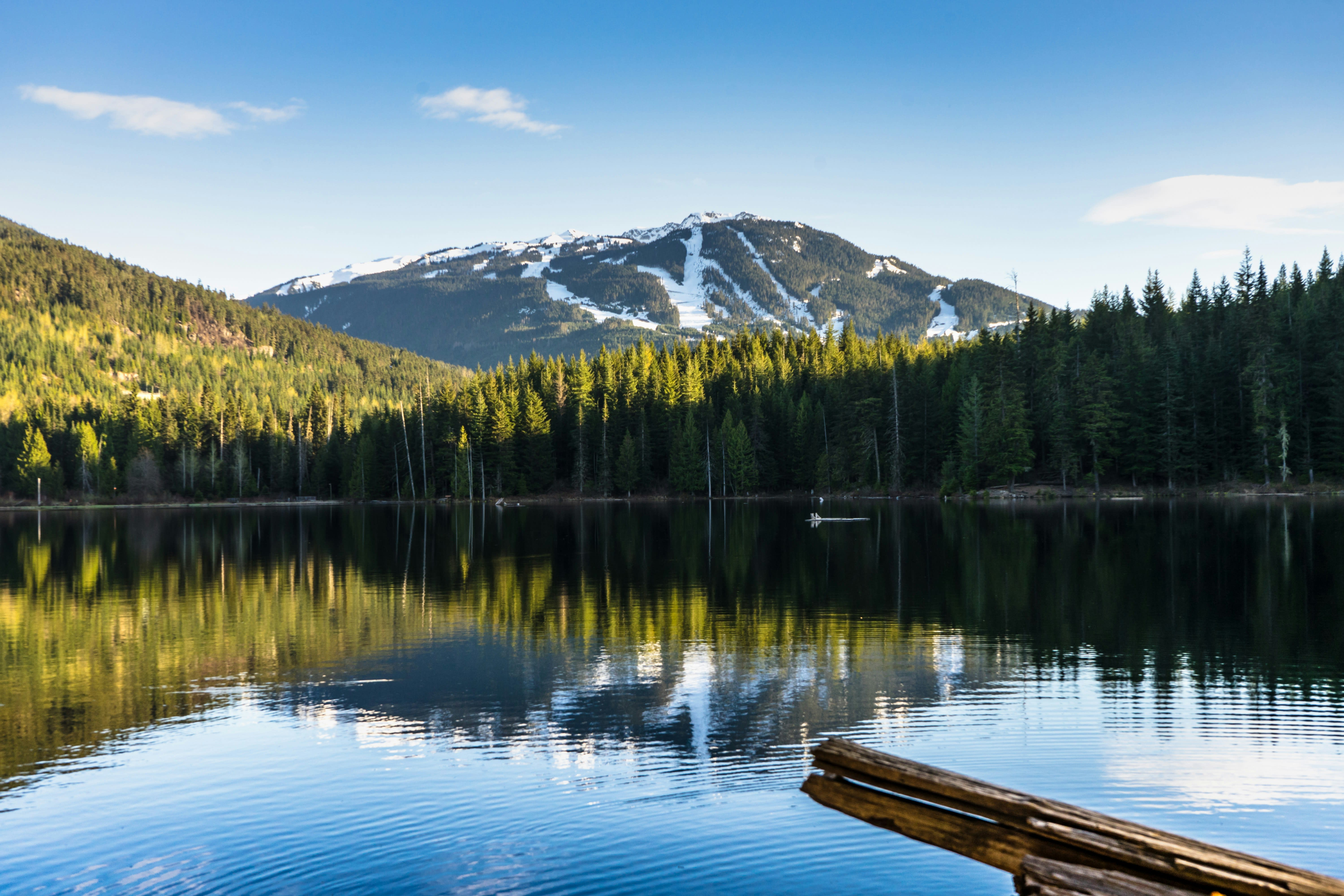 A lake in Whistler, British Columbia, Canada with mountains and an evergreen forest