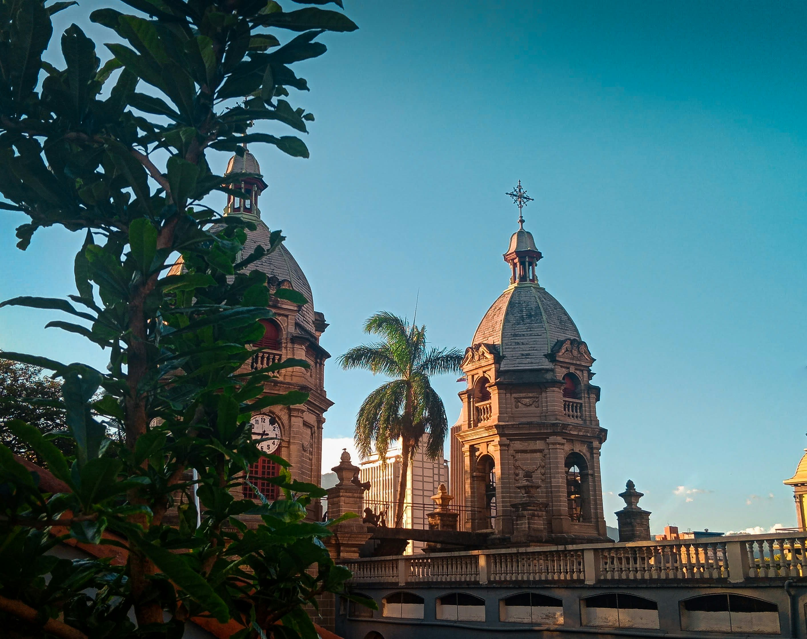 View from a rooftop to the top of the San Ignacio Church in Medellín