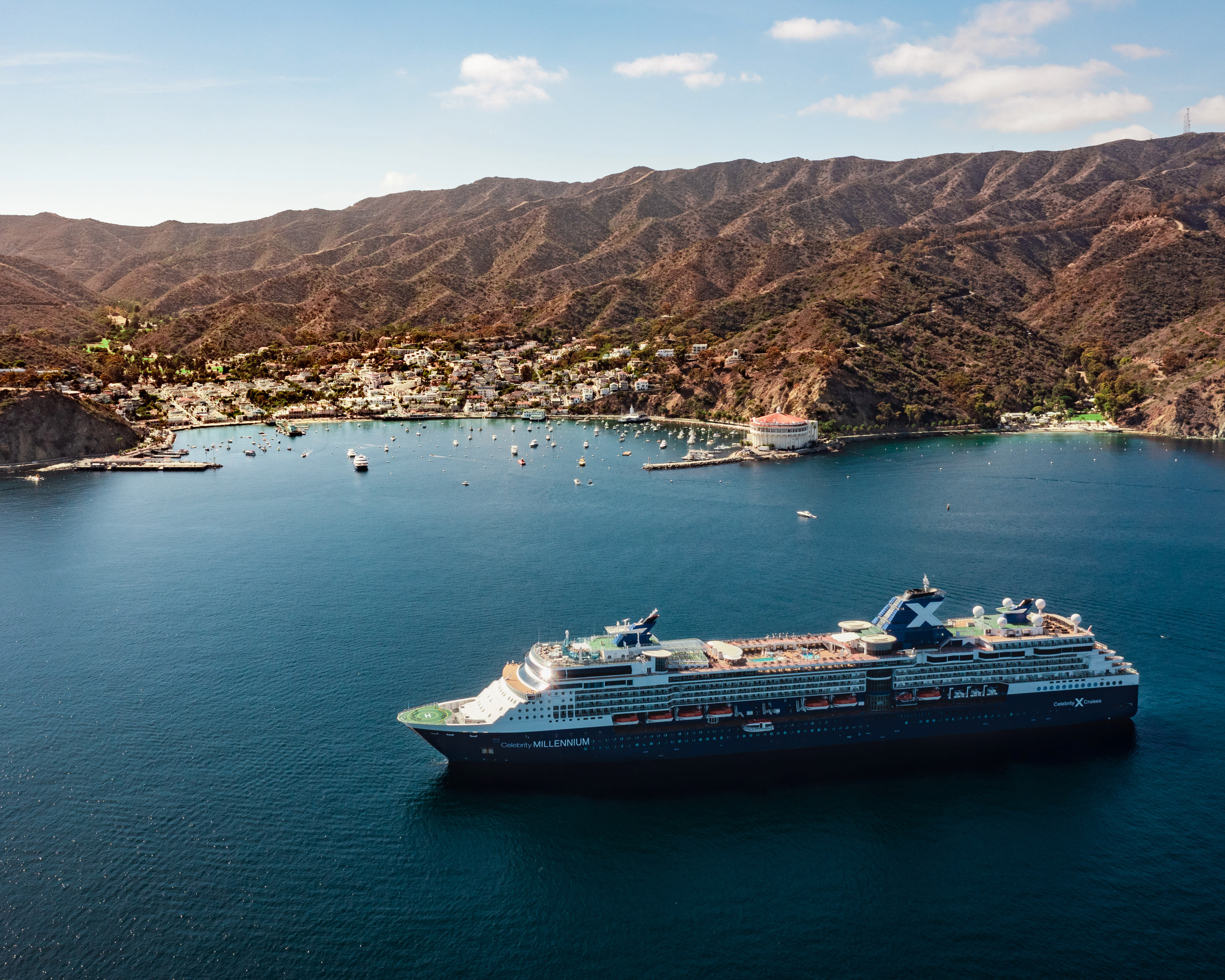 a white and navy cruise ship off a tan island with white village and harbor